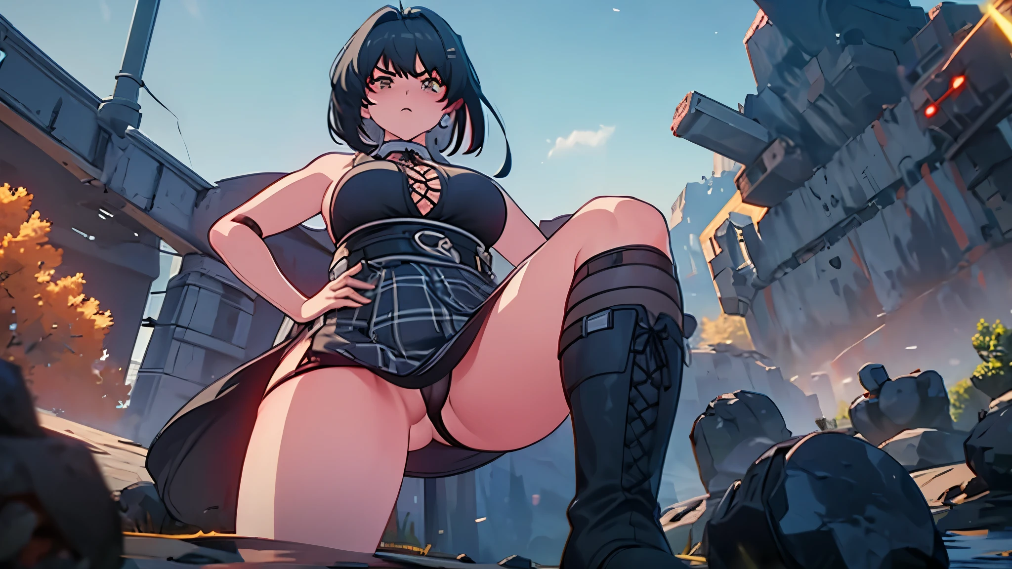 angry female rover with curvy body, with long hair, wearing plaid skirt and black boots, viewed from below, underwear, trample in the muddy