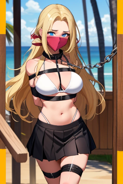 1 girl, detailed blue eyes, lange wimpern, detailed beautiful face, (very Long blonde hair:1.4), festgebunden, (arms behind back:1.6), gefesselte Arme, (blushing:1.3), (Big boobs:1.1), OTN, White OTN gag, Gag, gagged, shibari over clothes, (black skirt, White Bikini top:1.4), in her knees in a beach Club, knieend, tied gag, nah aufnahmen, (Chain leash, collar, Viewer Holding leash:1.4), Walking to the Viewer