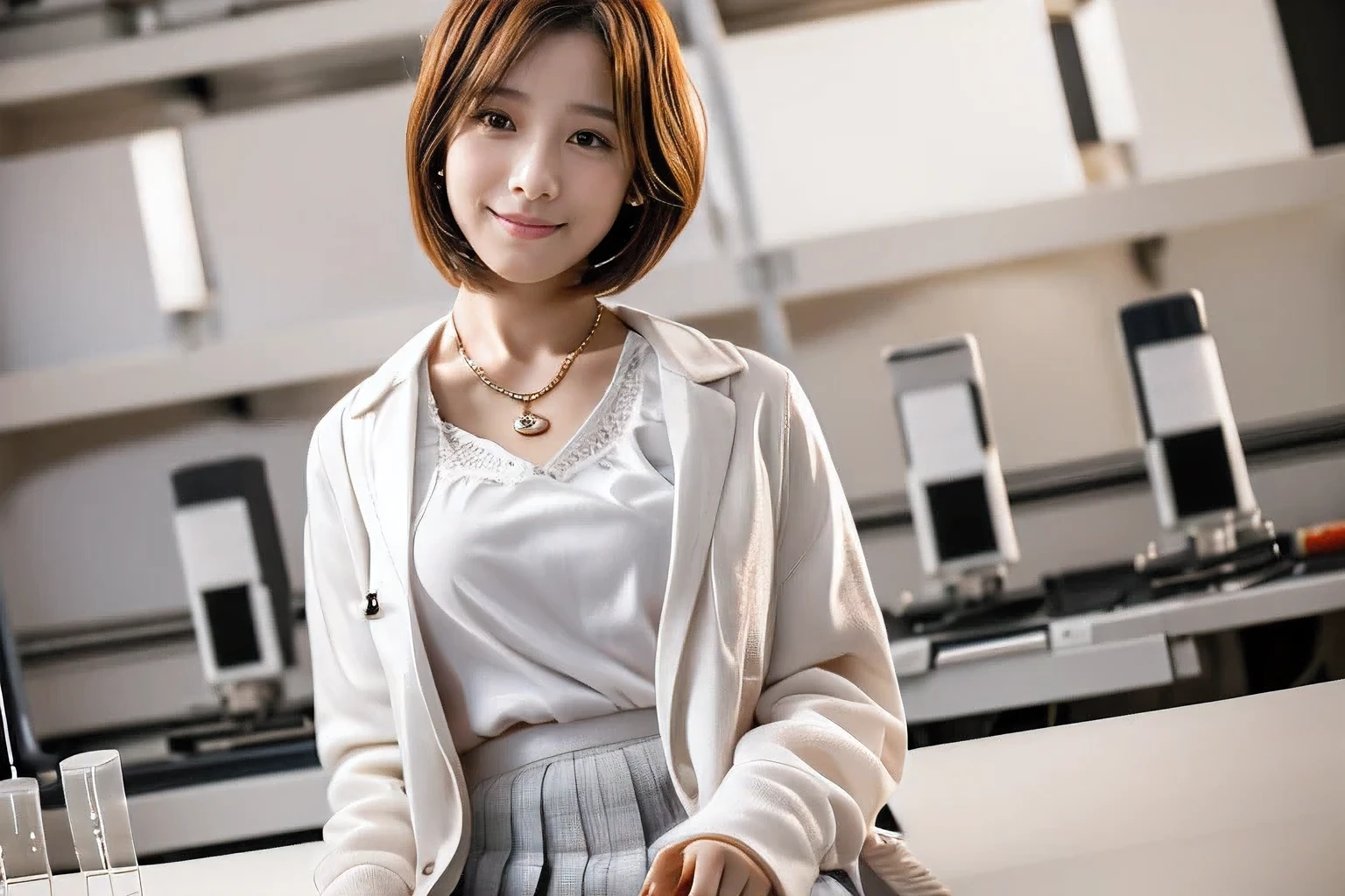 (An 18-year-old woman conducting an experiment in a university laboratory:1.5)、(Gentle smile:1.2)、(The best quality at its best:1.4), (Super detailed), (Very detailed CG unified 16k), Beautiful woman with perfect figure: 1.4, Sharp focus: 1.2, Very detailed, High-quality RAW color photos, Professional photography, Great face and eyes, cosmetics, (Amazingly beautiful girl), ((White Lab Coat、White blouse、Grey flared skirt:1.5)), Sexy posture,(View from below), Realistic movie faces, Full body long view from head to toe, Realistic, ((Realistic natural orange red hairstyle)), ( Short Bob Hair:1.5), (necklace:1.5)、, Very beautiful face, Perfect model beauty, Mouth swelling, Highly detailed face and skin texture, Fine grain, double eyelid, Medium chest, smile, (masterpiece), highest quality, High resolution, Very detailed, Blurred Background, Depth of written boundary, Cinema Lighting, Great legs, , Clear, well-maintained skin,