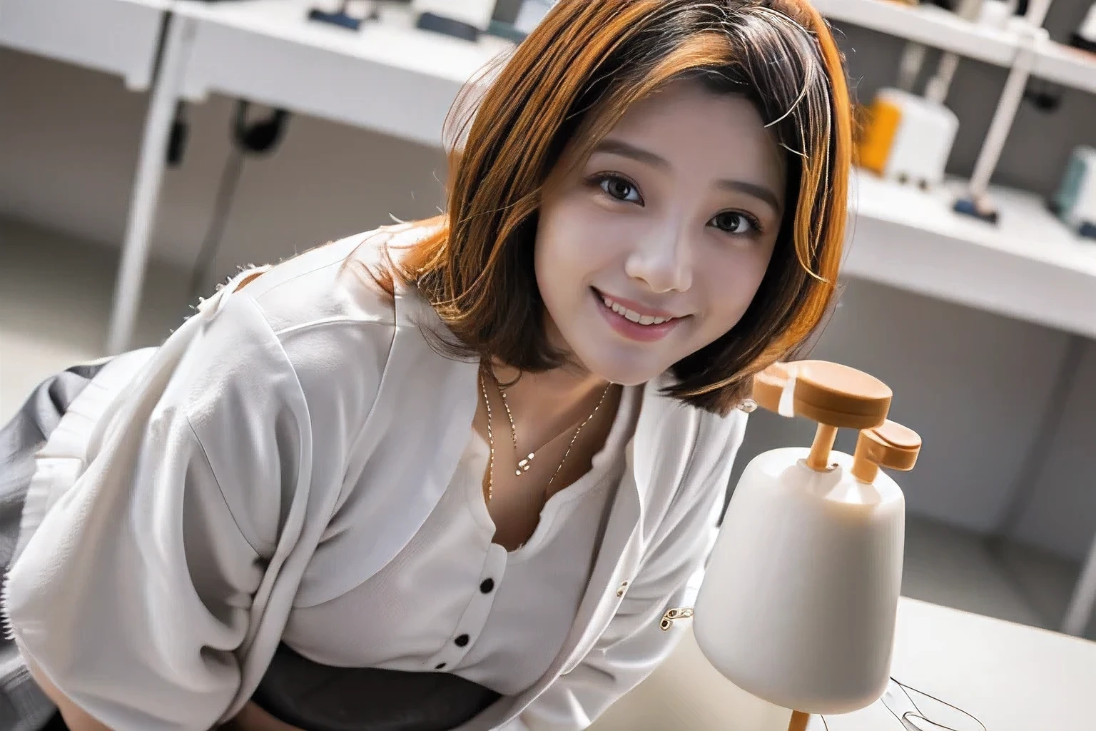 (An 18-year-old woman conducting an experiment in a university laboratory:1.5)、(Gentle smile:1.2)、(The best quality at its best:1.4), (Super detailed), (Very detailed CG unified 16k), Beautiful woman with perfect figure: 1.4, Sharp focus: 1.2, Very detailed, High-quality RAW color photos, Professional photography, Great face and eyes, cosmetics, (Amazingly beautiful girl), ((White Lab Coat、White blouse、Grey flared skirt:1.5)), Sexy posture,(View from below), Realistic movie faces, Full body long view from head to toe, Realistic, ((Realistic natural orange red hairstyle)), ( Short Bob Hair:1.5), (necklace:1.5)、, Very beautiful face, Perfect model beauty, Mouth swelling, Highly detailed face and skin texture, Fine grain, double eyelid, Medium chest, smile, (masterpiece), highest quality, High resolution, Very detailed, Blurred Background, Depth of written boundary, Cinema Lighting, Great legs, , Clear, well-maintained skin,