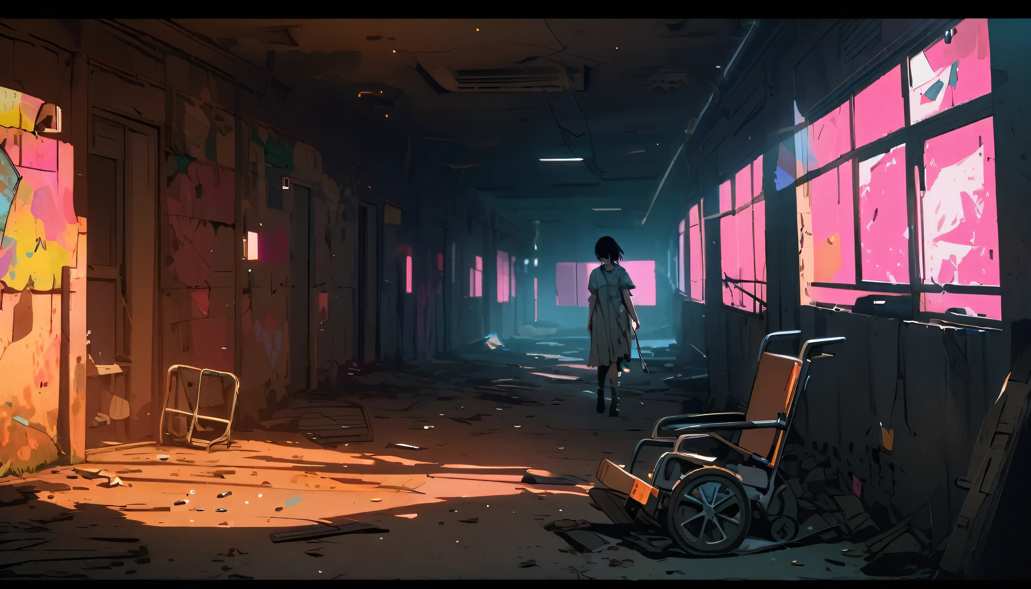dark - comic-style:post-apocalyptic wasteland,torn hospital gown, 1girl, dark short hair, faraway, dirty and worn-out environment, broken windows, flickering lights, dilapidated medical equipment, graffiti-covered walls, shattered glass,lots of shadows, dramatic lighting, desaturated colors, empty hallways, abandoned wheelchairs, eerie silence.