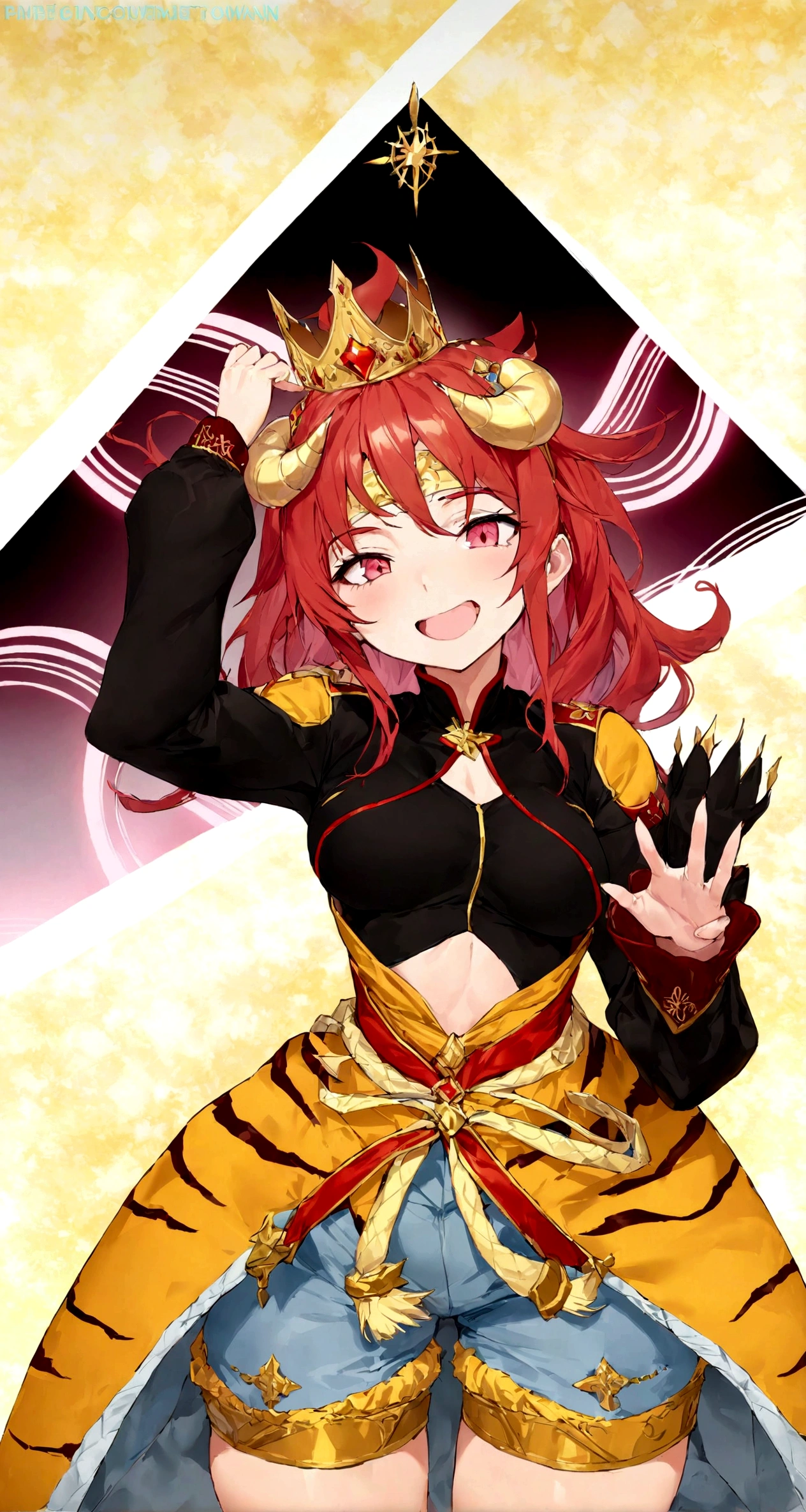 She is a tall woman with a toned body, her hair is long and spiky white and has golden tips with tufts that look like little horns on the sides of the fringe, her eyes are red with a golden cross that reaches to the edge of her iris, she is wearing a black short jacket with a yellow fur covering grey short pants and a red belt on her, She wears a headband in the shape of a white metal ring-shaped bow that appears to simulate a crown. It is seen floating around her forehead, Ultra Resolution, Ultra detail, ((top-quality)), ((masterpiece)), (detailed)