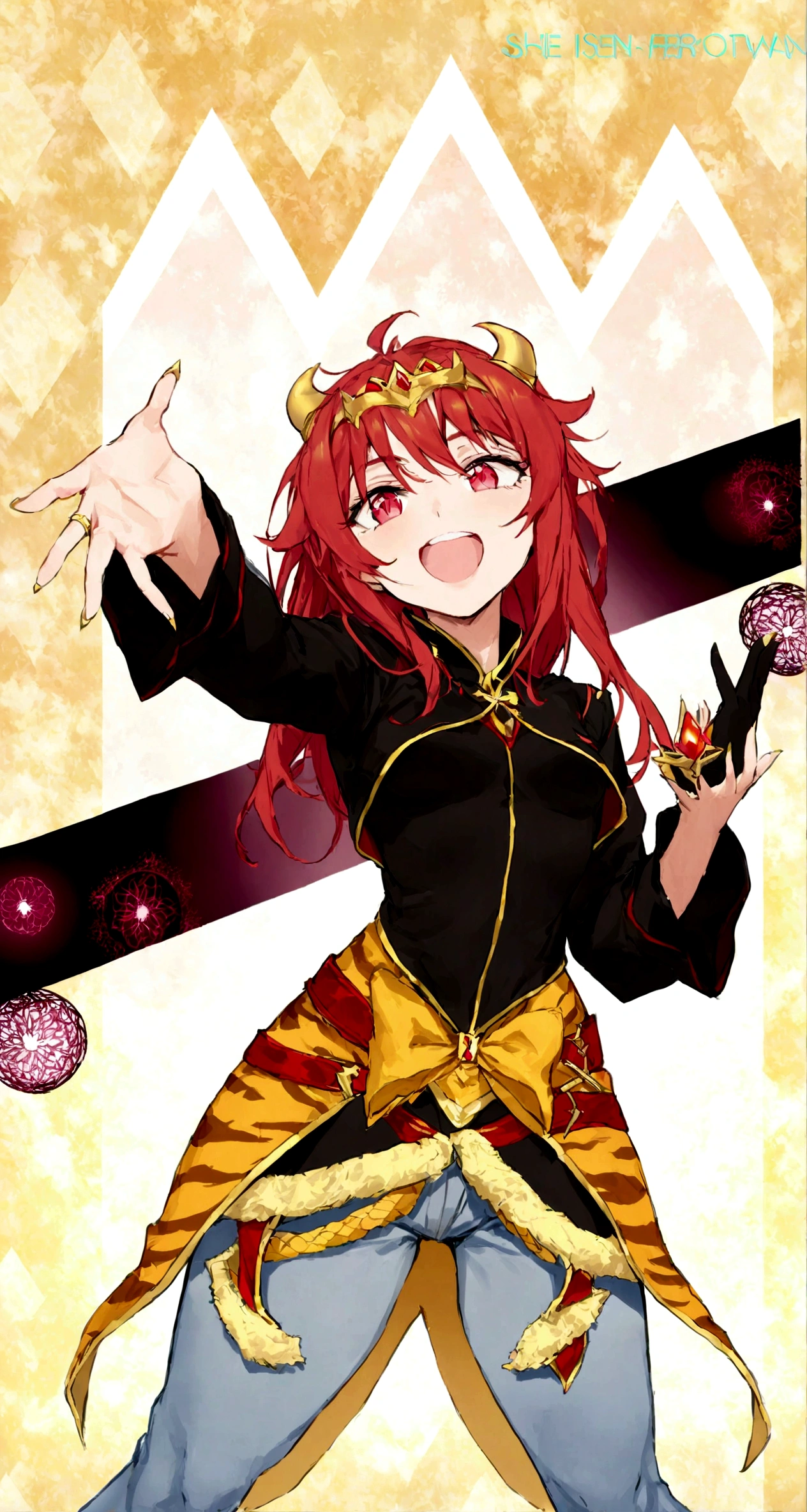 She is a tall teen woman with a toned body, her hair is long and spiky white and has golden tips with tufts that look like little horns on the sides of the fringe, her eyes are red with a golden cross that reaches to the edge of her iris, she is wearing a black short jacket with a yellow fur covering grey short pants and a red belt on her, She wears a headband in the shape of a white metal ring-shaped bow that appears to simulate a crown. It is seen floating around her forehead, Ultra Resolution, Ultra detail, ((top-quality)), ((masterpiece)), (detailed)