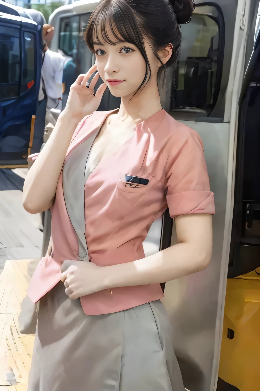 (masterpiece:1.2, highest quality:1.2), 32K HDR, High resolution, (alone、1 girl)、(On the rooftop of a building in the daytime、Professional Lighting)、Building rooftop background、(Nankai train crew uniform pinkを着たリアルスタイル)、(Nankai train crew uniform pink short sleeve pink jacket、Nankai Train Crew Uniform Pink Collarless Short Sleeve Blouse、Nankai Train crew uniform pinkのグレー色のキュロットスカート)、Dark brown hair、(Hair tied up、Hair Bun、Hair Bun)、Dark brown hair、Long Shot、Big Breasts、Thin legs、((Great hands:2.0)),((Harmonious body proportions:1.5)),((Normal limbs:2.0)),((Normal finger:2.0)),((Delicate eyes:2.0)),((Normal eyes:2.0)))、smile、(Nankai Train crew uniform pinkのグレー色のキュロットスカートを見せた美しい立ち姿)、Put your hands down、I have nothing in my hands
