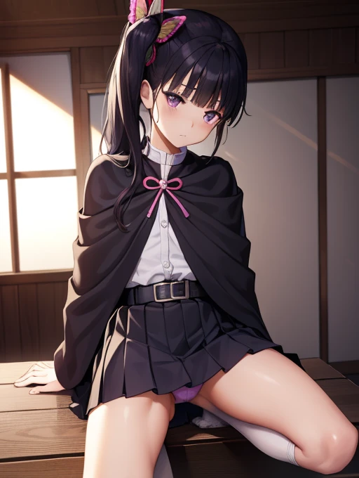 Kanaotsu Yuri, kanao tsuyuri, Black Hair, butterfly, butterfly hair ornament, (Purple eyes:1.1), Side ponytail, ponytail, 
Blake Black mini skirt, Cape, Demon Slayer uniform, Long sleeve, Pleated skirt, mini skirt, 白いCape,Skirt rolled up、Cute Panties、Panty shot、Watery eye、(((Open your legs:1.3)))、
break looking at viewer,
Indoor break, shabby room,
break (Tabletop:1.2), highest quality, High resolution, unity 8k wallpaper, (shape:0.8), (Beautiful details:1.6), Highly detailed face, Perfect lighting, Extremely detailed CG, (Perfect hands, Perfect Anatomy),