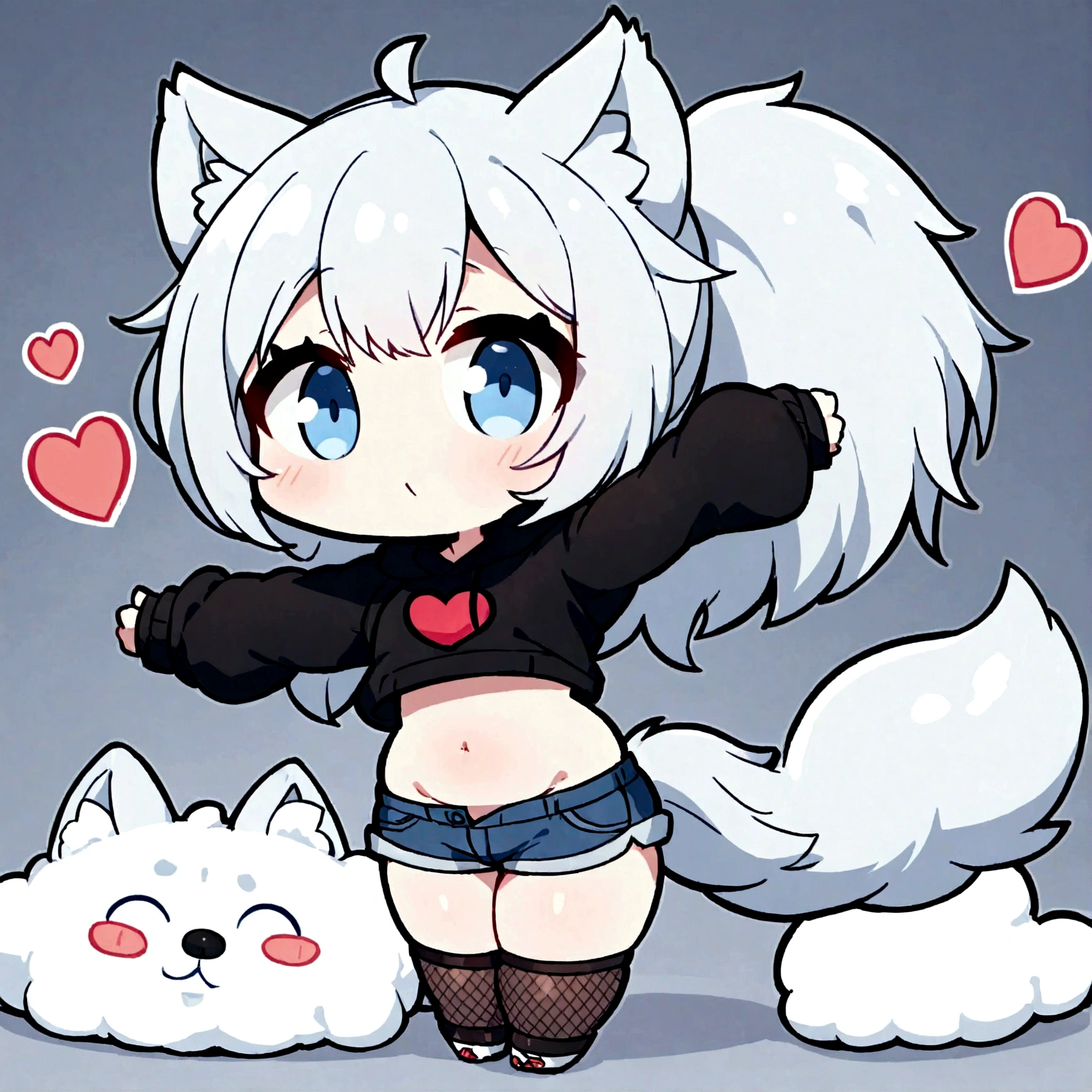 a cute chibi style adult male with wolf ears, white hair, has a wolf tail, wearing a loose cropped oversized black hoodie, wearing a pair of denim short shorts and fishnet stockings, thick thighs, wide hips, relaxing on mound of fluffy animal plushies, short, very slim, showing slender tummy, stretching out, heart on hoodie, squishy thighs, has glowing blue eyes
