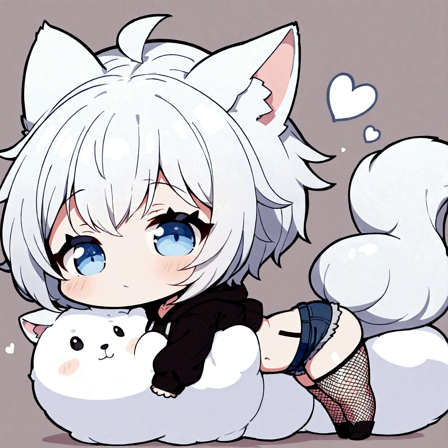 a cute chibi style adult male with wolf ears, white hair, has a wolf tail, wearing a loose cropped oversized black hoodie, wearing a pair of denim short shorts and fishnet stockings, thick thighs, wide hips, relaxing on mound of fluffy animal plushies, short, very slim, showing slender tummy, stretching out, heart on hoodie, squishy thighs, has glowing blue eyes
