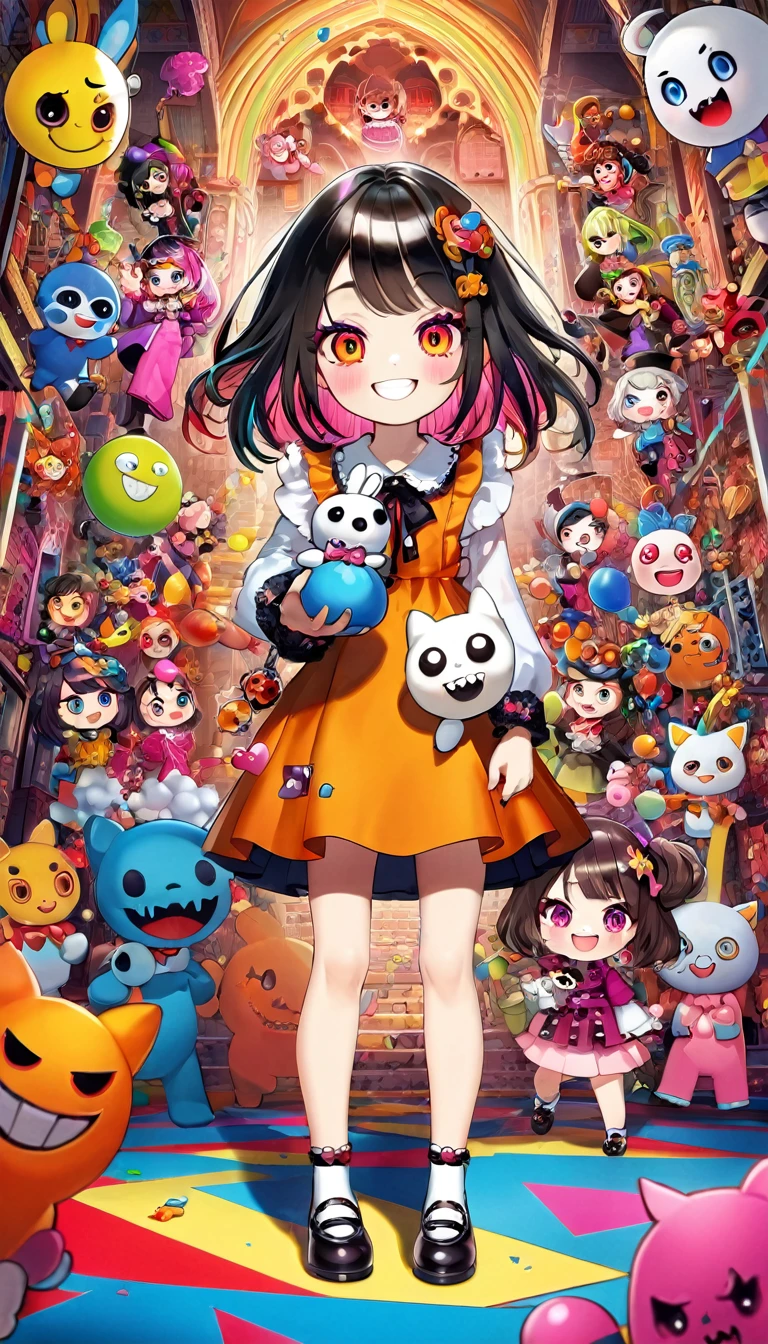 a with mischievous expression, standing with a broken doll in her hand, mean look, cartoon style, cute, colorful, vibrant colors, highly detailed, 8k, photorealistic, masterpiece, intricate details, dynamic pose, intense gaze, sinister smile, complex character design, compelling narrative
