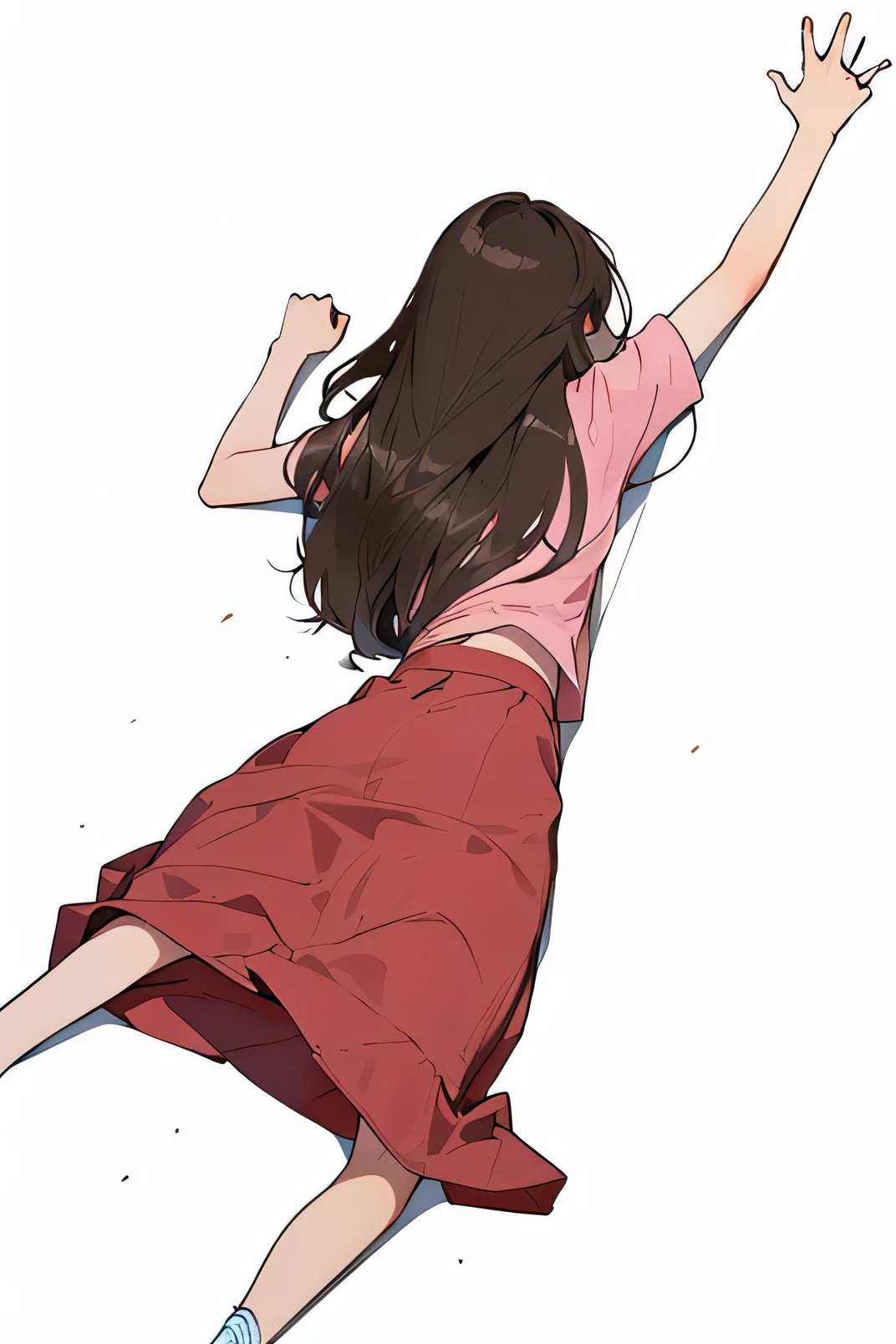 The back of a woman，Brown long hair，Pink top，Red Skirt，whole body，Lying on the ground，Look down from the back，Straighten your right hand，Left fist，Lying on the ground，Blank Background
