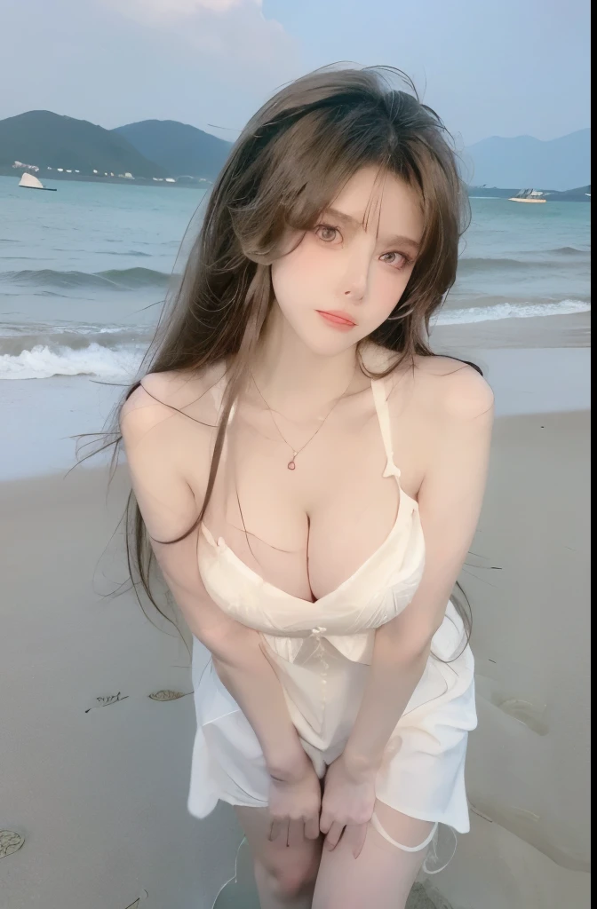 Beautiful woman with perfect body:1.4,Layered Hairstyle,Prominent cleavage,Highly detailed face and skin textures,Double eyelids,Skin Whitening,Long hair,Whitened long legs,(Red Dress,necklace),Standing by the sea
