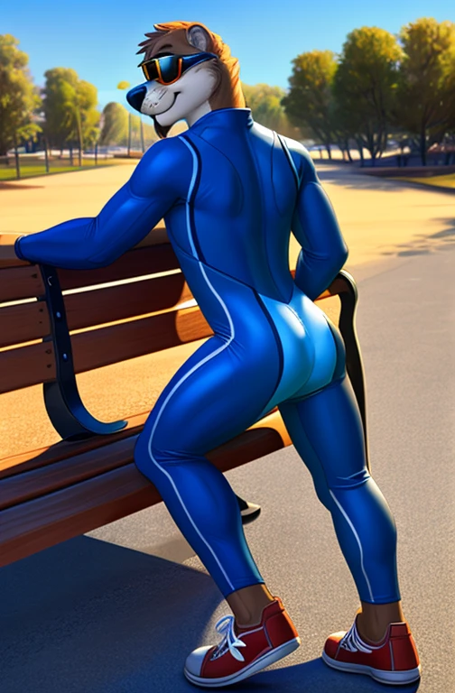 solo, male, brown fur, otter, chase hunter, brown goatee, wearing a (white and silver shiny spandex bodysuit cycling suit lycra, spandex one-piece spandex lycra bodysuit), wearing a (orange chrome sunglasses), wearing a (red sneakers shoes), at a public park, lay on a bench, showing back, presenting butt to viewer, look back to viewer, ass tails, otter long tail, lustful smile expression, full body shot, sexy pin-up posing, by zackarry911, by zaush, detailed eye, detailed face