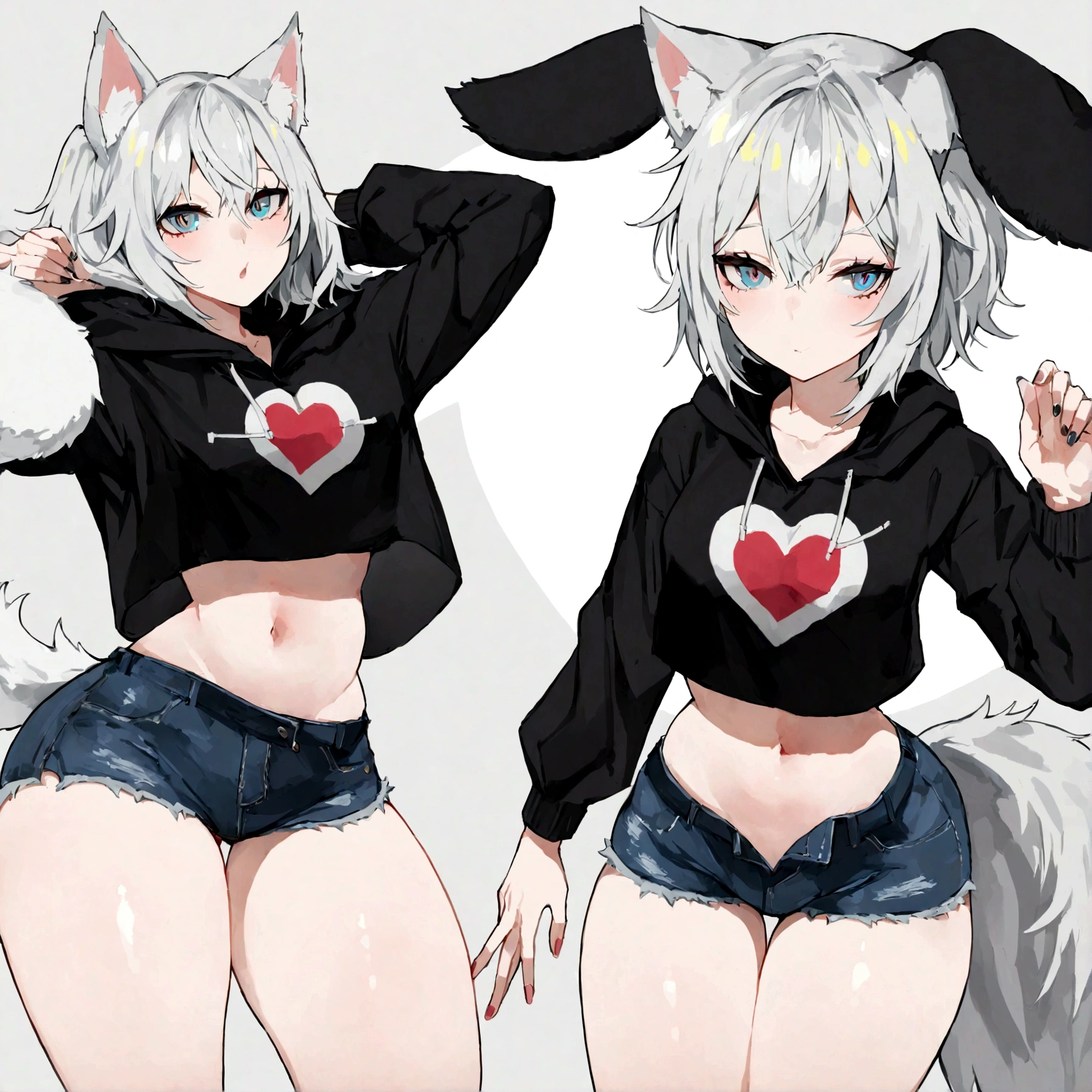 a cute adult male with wolf ears, white hair, has a wolf tail, wearing a loose cropped oversized black hoodie, wearing a pair of denim short shorts and fishnet stockings, thick thighs, wide hips, relaxing on mound of fluffy animal plushies, short, very slim, showing slender tummy, stretching out, heart on hoodie, squishy thighs, has glowing blue eyes, solo, alone, (ALONE)(SOLO)