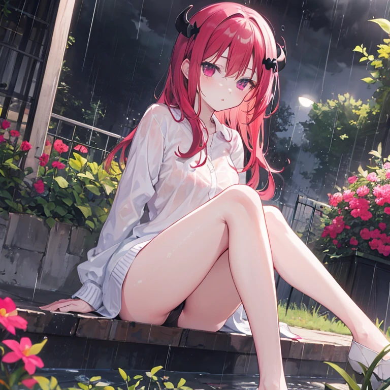 rainy night Satanichia mcdowell sitting in a garden calmly while posing rigorously and contemplating the rain magenta eyes, cabello rojo vestida
extremadamente bonito
(2 piernas muslos )
falda y medias largas abrigo negro camisa blanca