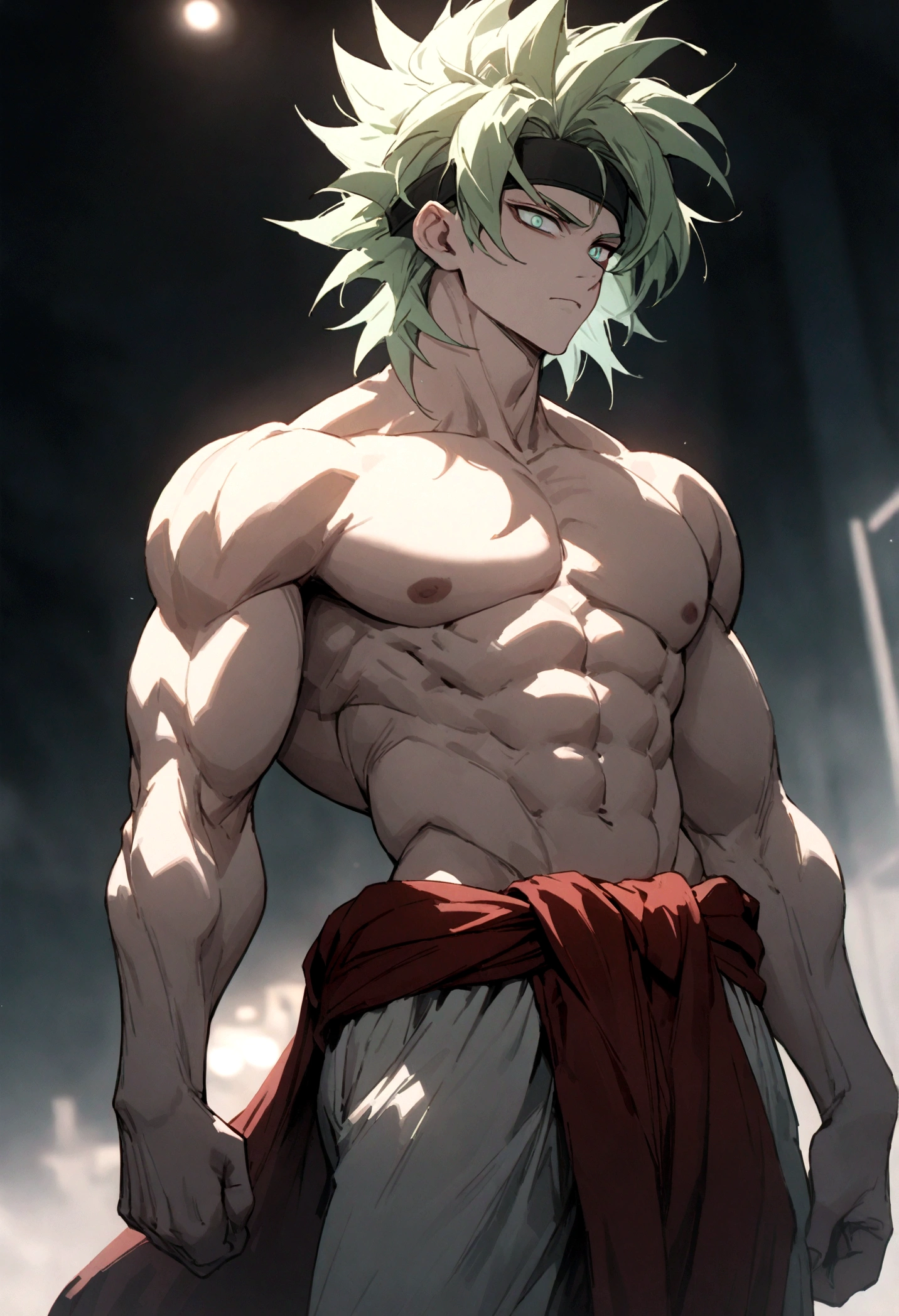 "(Best Quality,4K,8k,High resolution,masterpiece:1.2),Ultra-detailed,背中にThorの太鼓、Additional drum ring on the back, Manga art wearing a headband、Forehead protector、male, Ivory skin, Thor、Wear a red loincloth around your waist、Green Hair、White trousers、Super Saiyan、Messy hair, green, spiky hair, sharp eyes, Grey Iris, Wear a black coat, Naked torso, Muscular body, Sports Body, Sharp jaw line, Glare, Cold and mysterious personality, whole body, Sports Body, 8k, detailed feature, Very handsome, Dreamy look, Bright lighting, Blurred Background,whole body