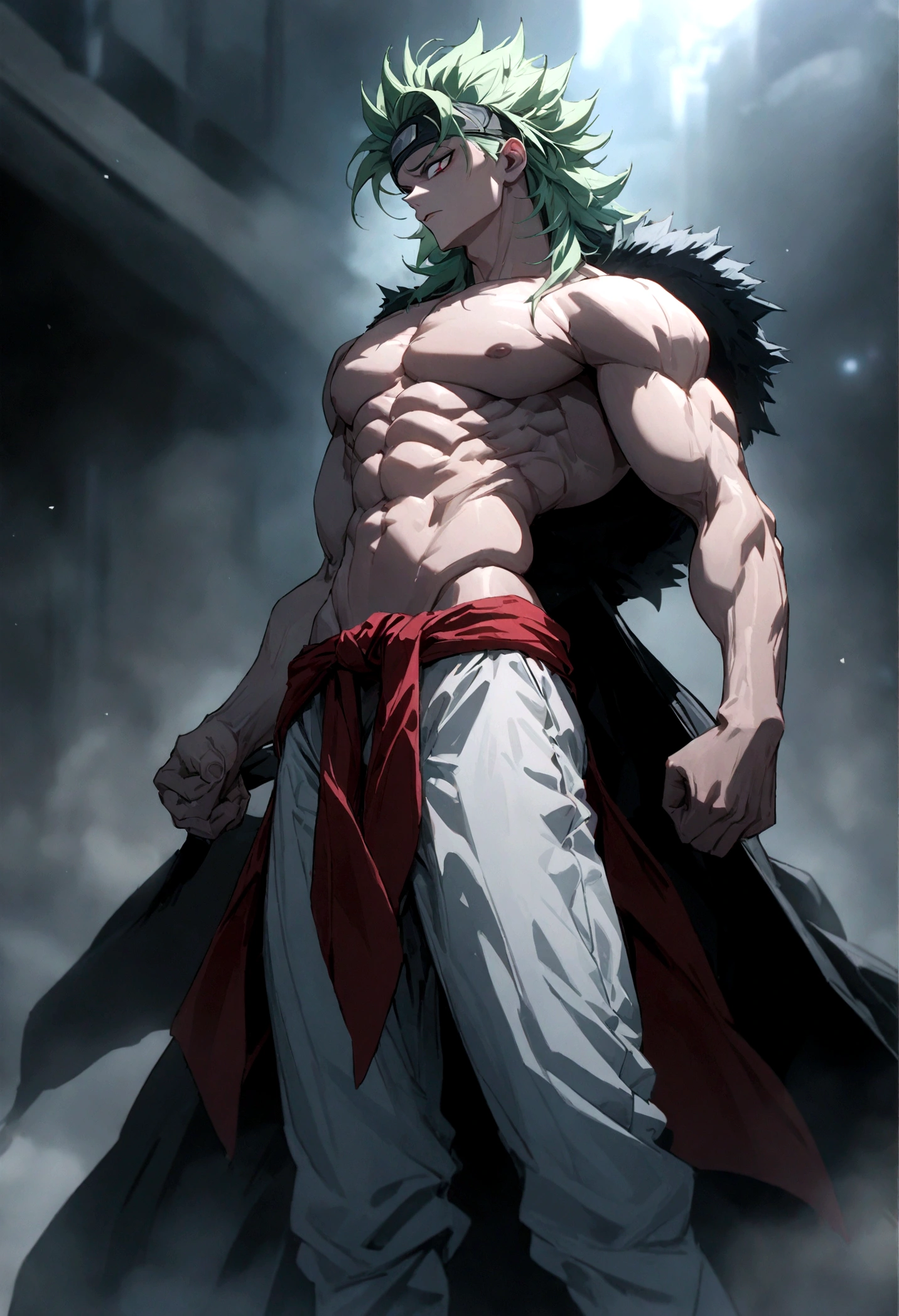 "(Best Quality,4K,8k,High resolution,masterpiece:1.2),Ultra-detailed,背中にThorの太鼓、Additional drum ring on the back, Manga art wearing a headband、Forehead protector、male, Ivory skin, Thor、Wear a red loincloth around your waist、Green Hair、White trousers、Super Saiyan、Messy hair, green, spiky hair, sharp eyes, Grey Iris, Wear a black coat, Naked torso, Muscular body, Sports Body, Sharp jaw line, Glare, Cold and mysterious personality, whole body, Sports Body, 8k, detailed feature, Very handsome, Dreamy look, Bright lighting, Blurred Background,whole body