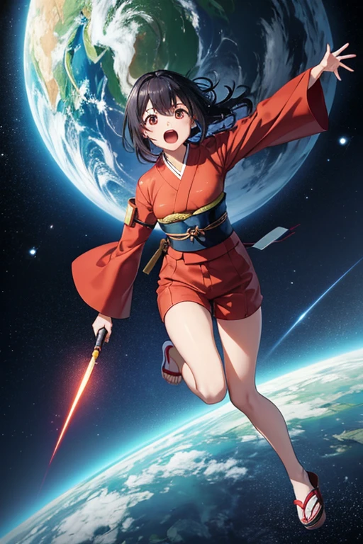 Anime drawings、Full body portrait、Space Sci-Fi Soldier、A Japanese woman, about 150cm tall, about 18 years old, wearing a red short-sleeved kimono and shorts, jumping in with a dagger in her hand、Open mouth and screaming、The hairstyle is short、Black Hair、Sandals