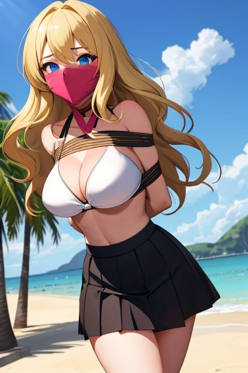 1 girl, detailed blue eyes, lange wimpern, detailed beautiful face, (very Long blonde hair:1.4), festgebunden, (arms behind back:1.6), gefesselte Arme, (blushing:1.3), (Big boobs:1.1), OTN, White OTN gag, Gag, gagged, shibari over clothes, (black skirt, White Bikini top:1.4), standing in a beach Club, tied gag, nah aufnahmen, Walking to the Viewer