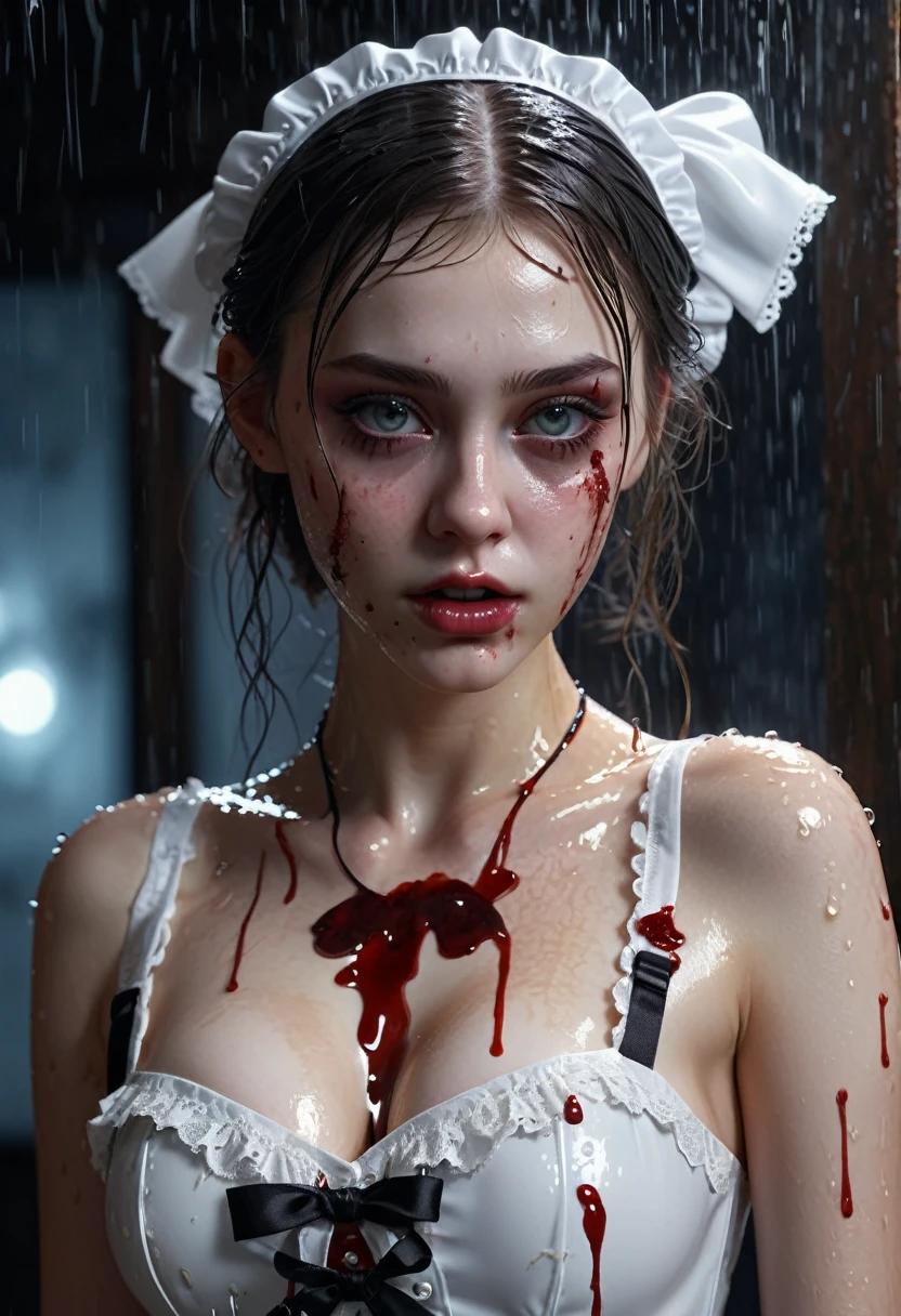 Full body shown. A zombie 17 year old girl in a maid outfit, extremely detailed eyes and face, hyperrealism wet body, hyperrealism wet outfit, hyperrealism rain, beautiful detailed lips, hyperrealism beautiful Breast, hyperrealism huge breast,longeyelashes, detailed zombie skin texture, maid outfit with lace and ribbons, Halloween night, horror, dark and moody atmosphere, dramatic lighting, pale skin, sunken eyes, sharp teeth, dripping blood, brain, (best quality,4k,8k,highres,masterpiece:1.2),ultra-detailed,(realistic,photorealistic,photo-realistic:1.37),dark colors,deep shadows,cinematic,dramatic. Full body shon, show her from head to toe,
hyperrealism,masterpiece,vibrant colors,stunning visuals,ultra skin texsture,stable diffusion,perfect anatomy,crazy details,hyperrealism body,hyperrealism sexy body,hyperrealism wet white clear transparent outfit