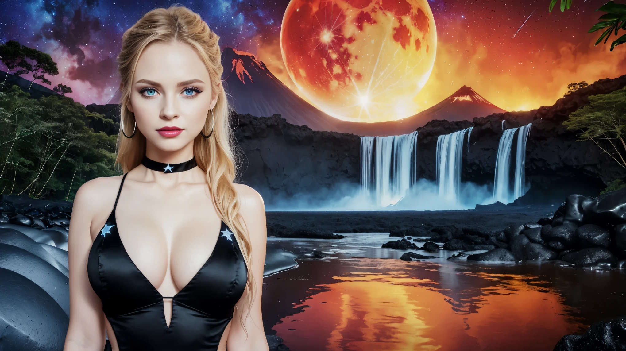 Ray tracing, (8k resolution), wallpaper, (masterpiece), (photo realistic), (realism), (jungle), ICE, (lava), (volcano), beach, (stars), (galaxy), (nova), (red Moon), (supernova), (waterfalls), waves, (dark night), darkness.
Standing in the waterfalls
(Portrait girl), 1 pretty Russian, blond hair, looking at camera, (big blue eyes), full lips, (seductive smile), eyeliner wings, lip stick eyeshadow, earring hoops, choker, perfect skin, (Big tits:1.3), flat stomach, (black dress:1.3), (short dress, slit dress, tight dress, silk dress:1.3), (deep neckline:1.1), loving embrace, passion, desire, (looks at the camera)