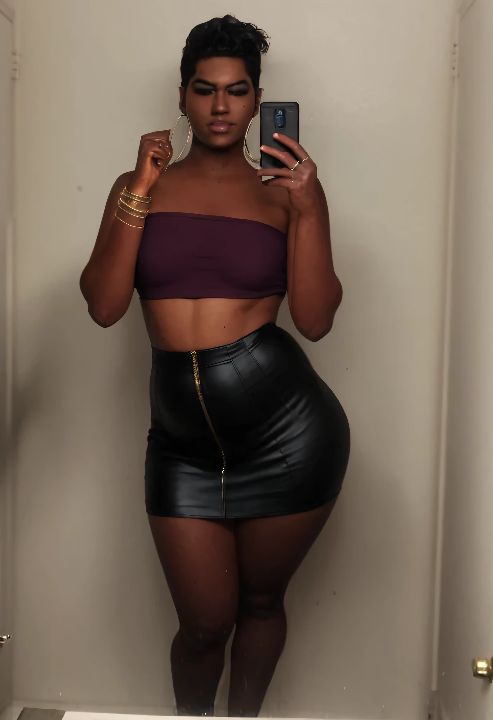 (((ailatman, azlatguy, 1girl)), solo, dark skin, ((dark-skinned female))), black hair, very dark skin, breasts, jewelry, skirt, ring, slim thicc, black woman, tall, slender, slim waists, dark skin, dainty hands, slender hands, slender fingers, fat ass, thick thighs, wide hips, small breasts, black hair, dainty feet