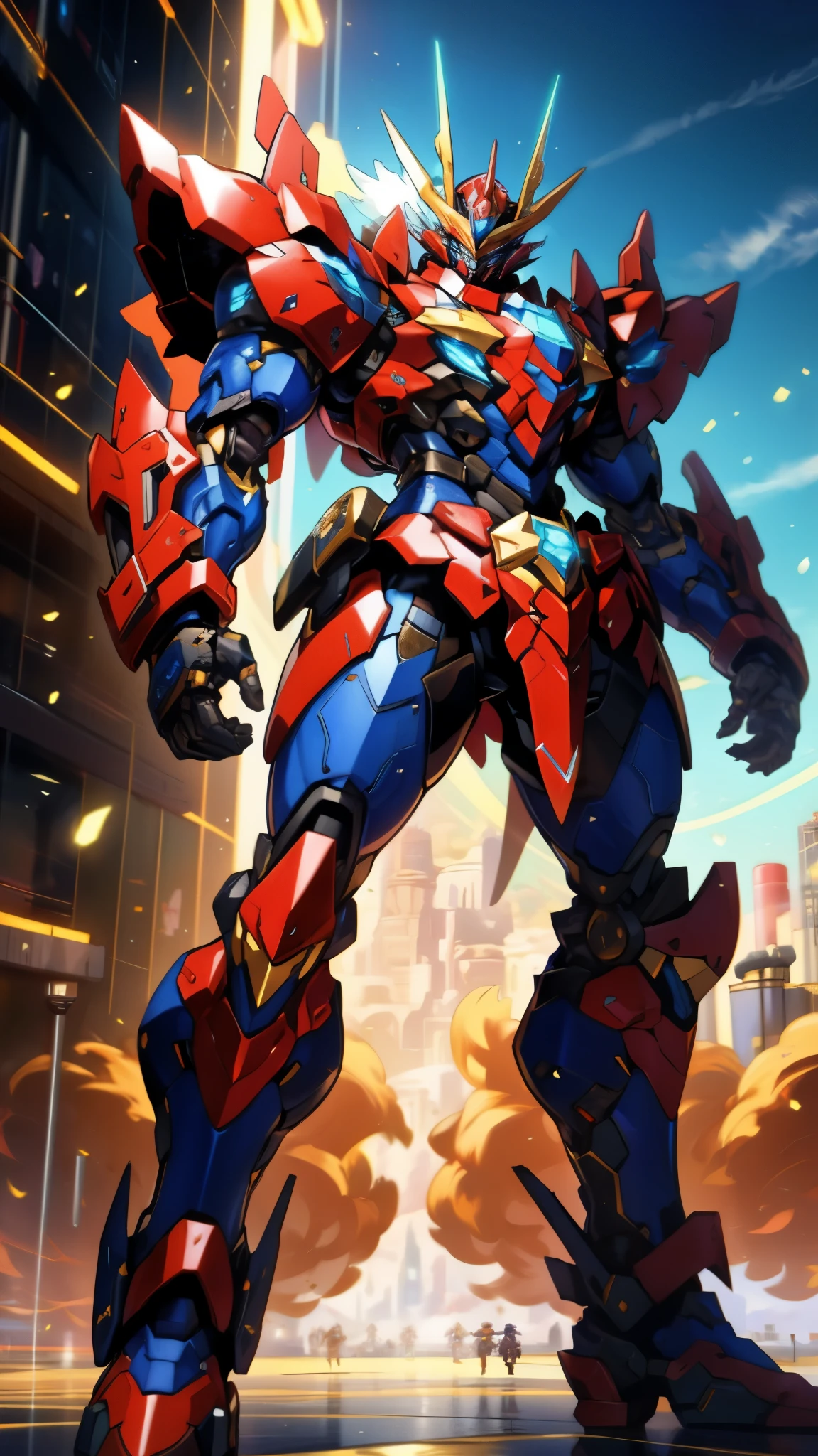 Humanoid Mecha, fully enclosed shoulder guards, matching arm and leg guards, full body, full armor, super robot, the design balances heavy with agility, (the color scheme is primarily white with red and blue accents, the concept Inspired by super robot, Lion concept chest armor, pose, standing, floating high above the futuristic sci-fi city), exquisite and mature art style, (aura effect, energy, glowing eyes, the armor glows), ((SRS)), metallic, dramatic, high definition, best quality, highres, ultra-detailed, ultra-fine painting, extremely delicate, professional, perfect body proportions, anatomically correct, symmetrical face, extremely detailed eyes and face, high quality eyes, creativity, RAW photo, UHD, 32k, Natural light, cinematic lighting, masterpiece-anatomy-perfect, masterpiece:1.5