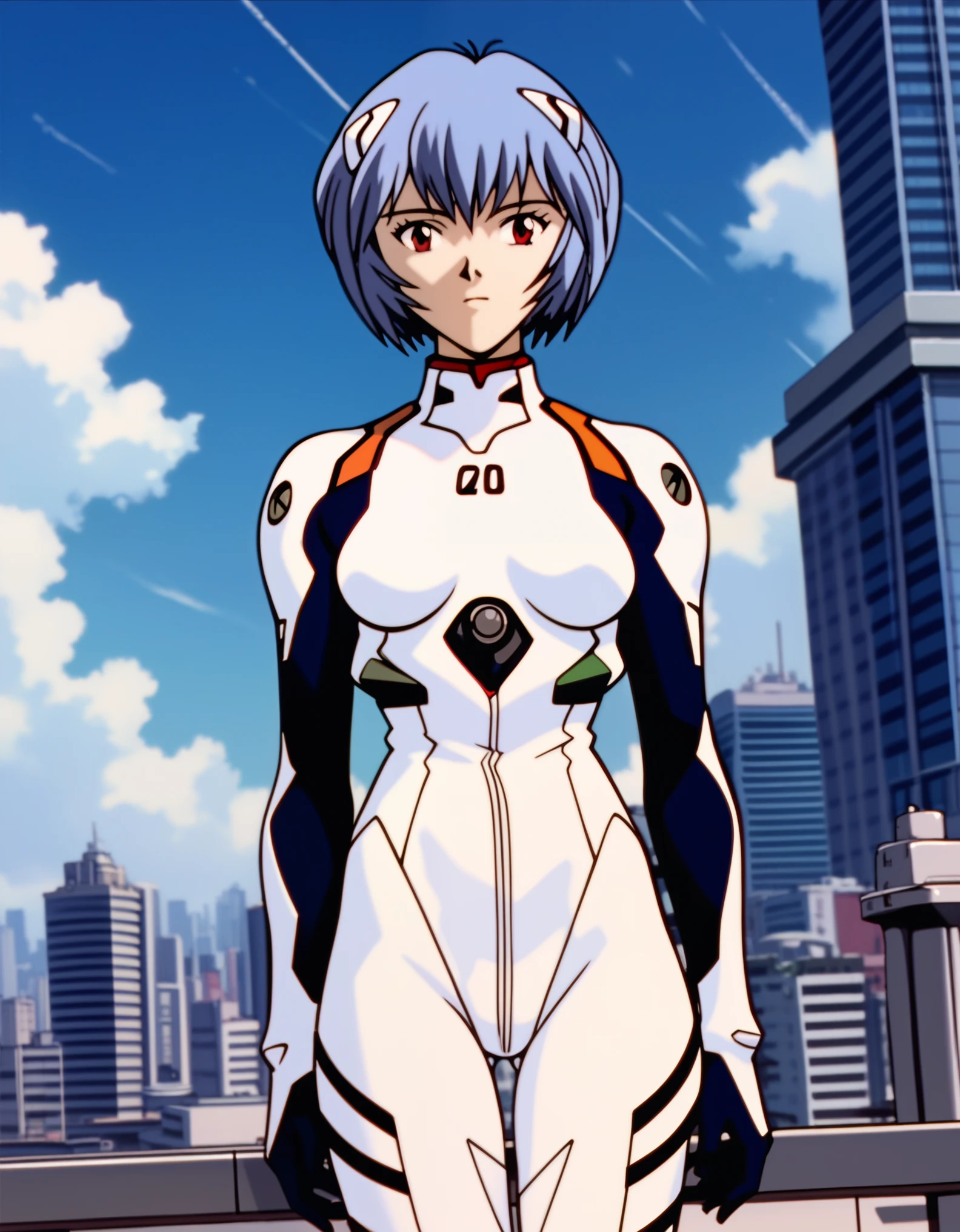 score_9, score_8_up, score_7_up, source_anime,
reiayanami, 
rei ayanami, ayanami rei, blue hair, short hair, red eyes,
bodysuit, headgear, plugsuit, white bodysuit,
outdoors, cityscape,
cowboy shot, looking at viewer, solo, dutch angle,