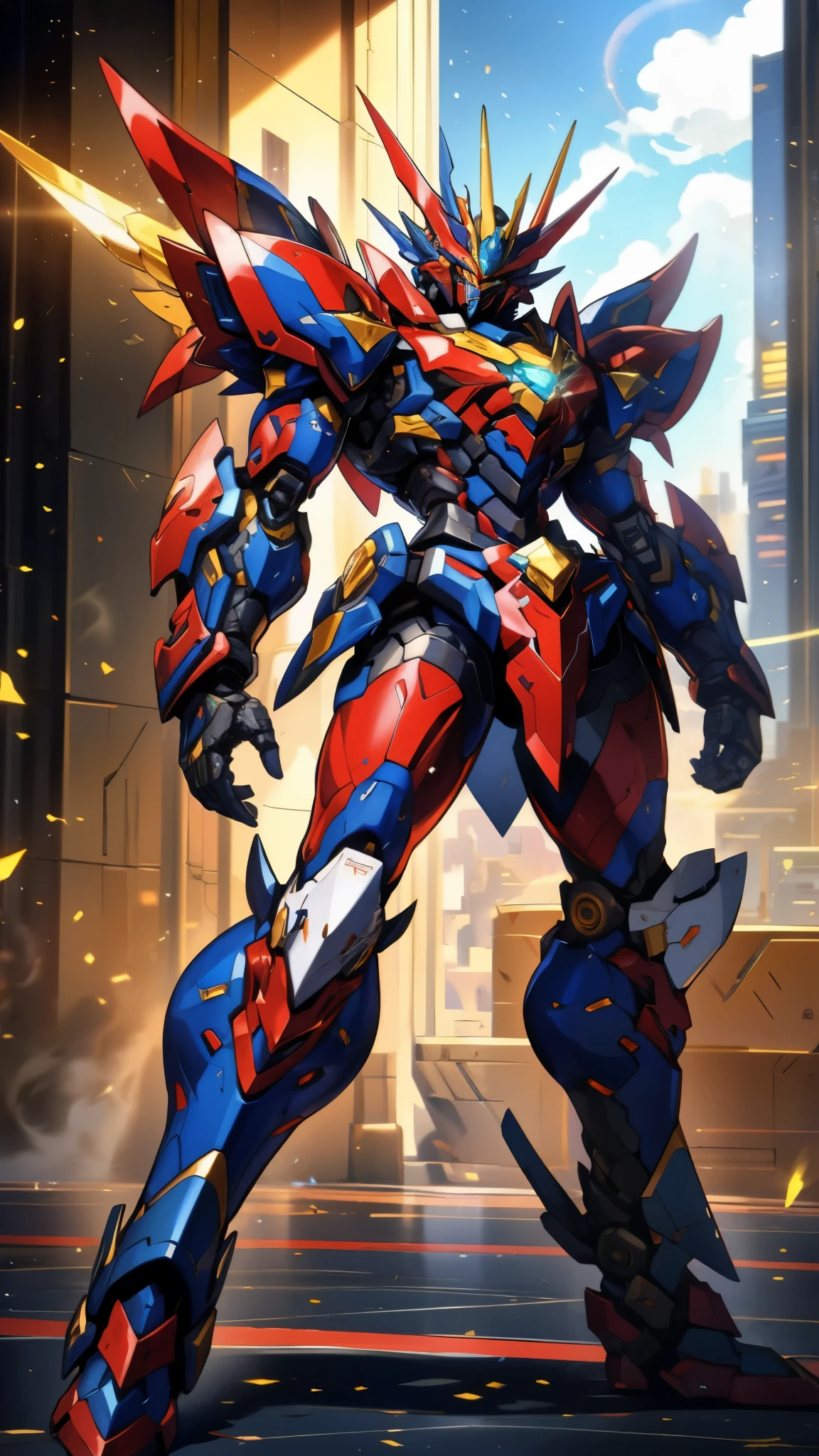 Humanoid Mecha, fully enclosed shoulder guards, matching arm and leg guards, full body, full armor, super robot, the design balances heavy with agility, (the color scheme is primarily white with red and blue accents, the concept Inspired by super robot, Lion concept chest armor, pose, standing, floating high above the futuristic sci-fi city), exquisite and mature art style, (aura effect, energy, glowing eyes, the armor glows), ((SRS)), metallic, dramatic, high definition, best quality, highres, ultra-detailed, ultra-fine painting, extremely delicate, professional, perfect body proportions, anatomically correct, symmetrical face, extremely detailed eyes and face, high quality eyes, creativity, RAW photo, UHD, 32k, Natural light, cinematic lighting, masterpiece-anatomy-perfect, masterpiece:1.5