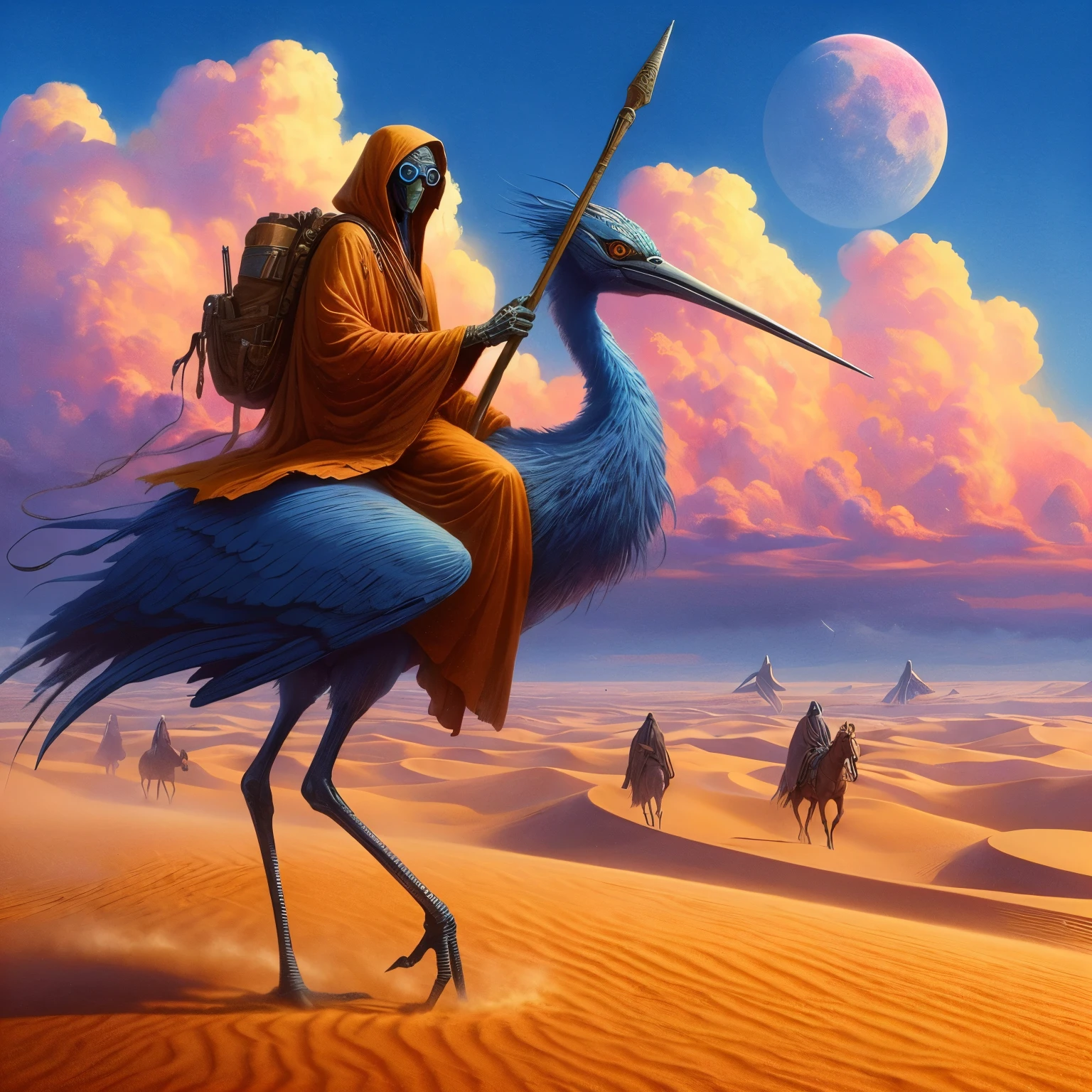 desert rider sand planet mile upon mile of sand dunes riding on the back of an alien bird similar to a very tall blue heron, desert rider is wearing a long cloak and what looks like alien goggles and pull over poncho rain gear, he is holding a long balancing piercing pole, similar to old west long rifles, in the distance you see alien men slinking alone the horizon, blue skys puffy white clouds touched by pink and orange hues, mid-day sun thunder clouds are beginning to form,