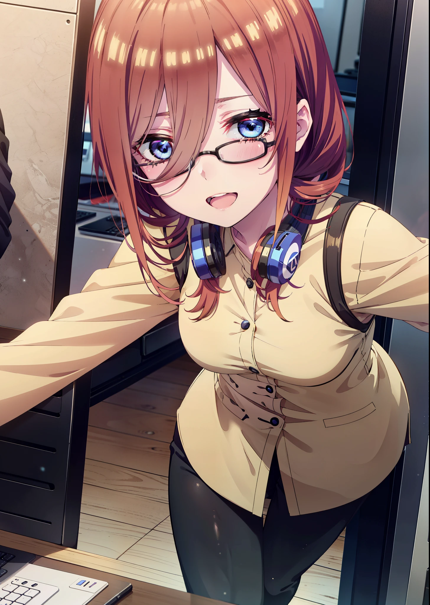 futaba sakura, 1 girl, Big Breasts, Sit next to a gaming PC, Colorful bedroom, smile, Orange Hair, Black headset worn around the neck, Wear glasses