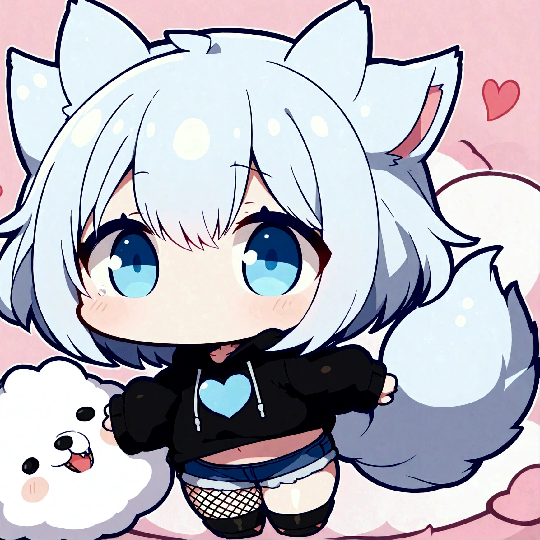 a cute chibi style adult male with wolf ears, white hair, has a wolf tail, wearing a loose cropped oversized black hoodie, wearing a pair of denim short shorts and fishnet stockings, thick thighs, wide hips, relaxing on mound of fluffy animal plushies, short, very slim, showing slender tummy, stretching out, heart on hoodie, squishy thighs, has glowing blue eyes, solo, alone, (SOLO), (ALONE)