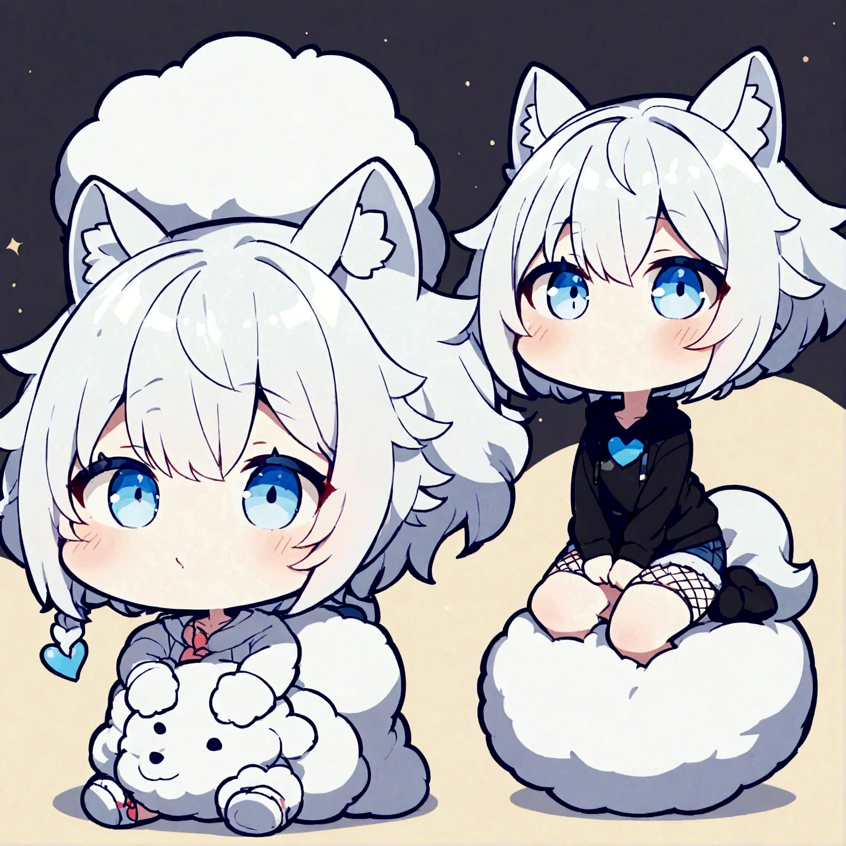 a cute chibi style adult male with wolf ears, white hair, has a wolf tail, wearing a loose cropped oversized black hoodie, wearing a pair of denim short shorts and fishnet stockings, thick thighs, wide hips, relaxing on mound of fluffy animal plushies, short, very slim, showing slender tummy, stretching out, heart on hoodie, squishy thighs, has glowing blue eyes, solo, alone, (SOLO), (ALONE)