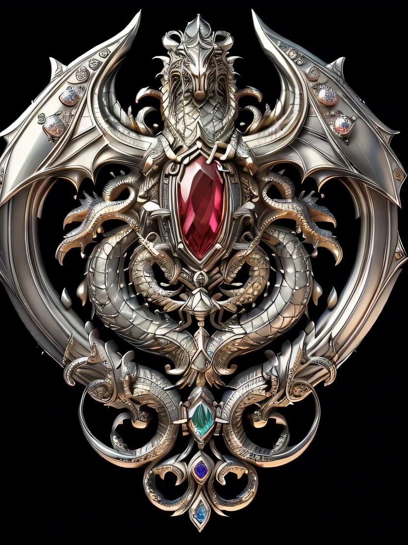 ((masterpiece、highest quality、Very detailed、Photorealistic、High resolution、Sharp focus))、((No humans))、((Elaborate coat of arms、diamond、Ruby、sapphire))、Smooth surface、Reflective surface、Dragon Head、Shining silver、Symmetrical、Align Center、Dynamic lighting、Scattered beneath the surface