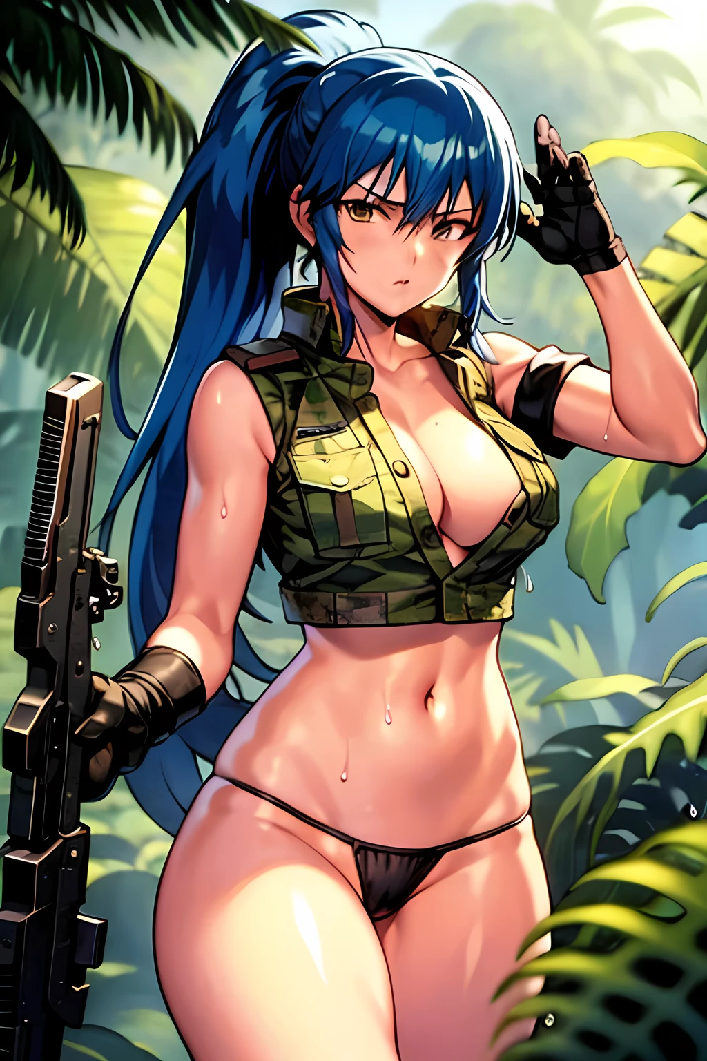 masterpiece, best quality, anime 1990s \(style\, leona heidern, sexy, naked, thong ,open vest., jungle, tactical, pony tail, serious, cammo, army, soldier, blue hair, warfare, war, wet, gloves, sexy pose, jungle girl, perfect hands, five fingers, long hair, tropical.
