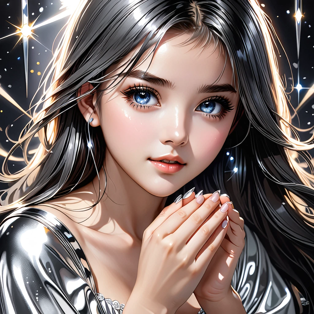 ((masterpiece, top quality, super definition, high definition)), solo, beautiful girl, shining eyes, perfect eyes, 18 years old, fingers of the hand five, silver theme,