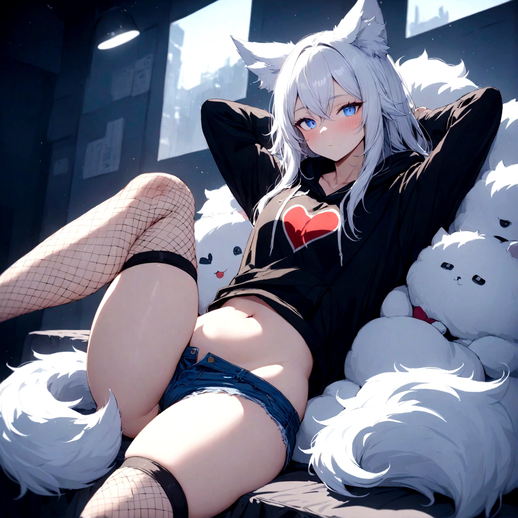 a cute adult male with wolf ears, white hair, has a wolf tail, wearing a loose cropped oversized black hoodie, wearing a pair of denim short shorts and fishnet stockings, thick thighs, wide hips, relaxing on mound of fluffy animal plushies, short, very slim, showing slender tummy, stretching out, heart on hoodie, squishy thighs, has glowing blue eyes