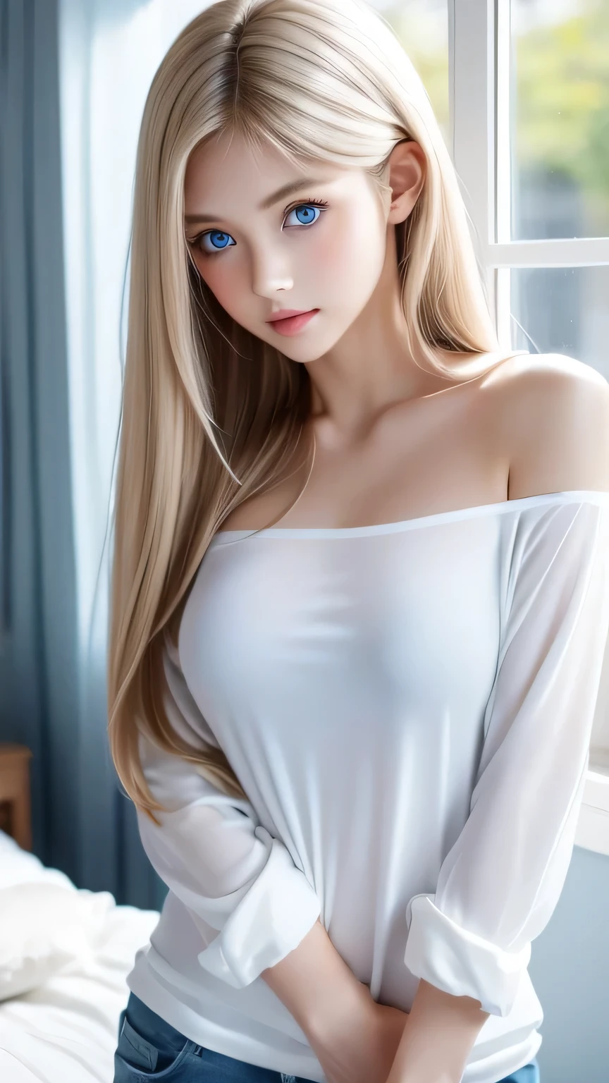 Very beautiful 18 year old Scandinavian girl、looking at the camera、Very beautiful light blonde hair, Silky super long straight hair, Long bangs between the eyes,、Wearing a long shirt、Clothing、Upper body、Large 、Standing in the bedroom, In front of the window, Perfect white skin、Gloss Face、Cheek gloss、Bright expression、Bright, shining, pale marine blue eyes、Big eyes、Small Face Beauty、Beautiful and cute girl