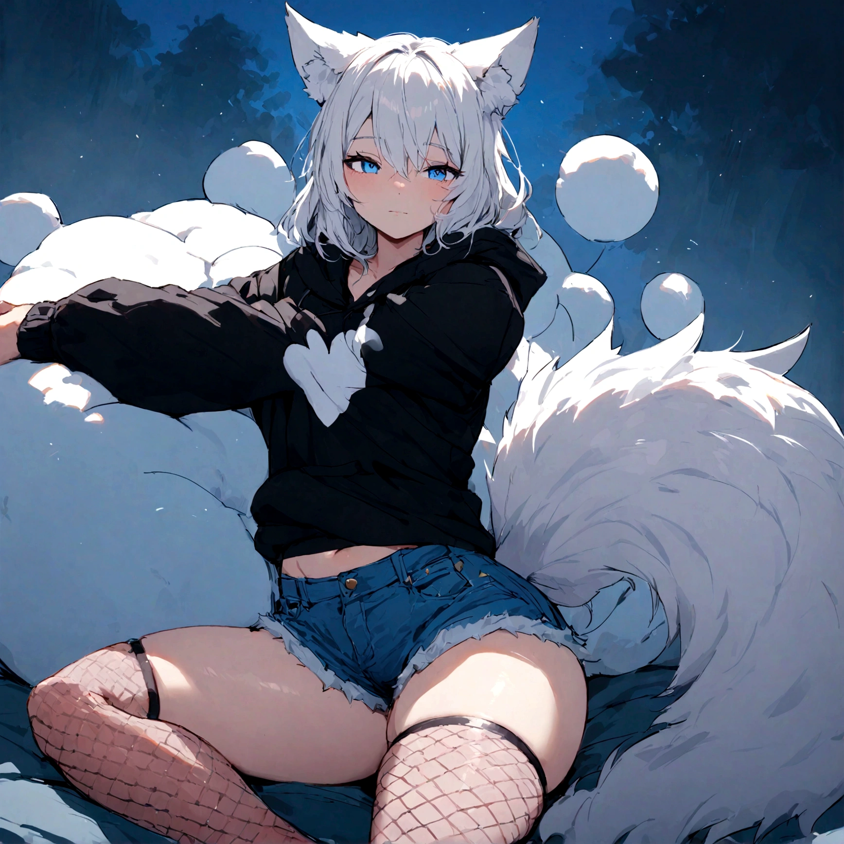 a cute adult male with wolf ears, white hair, has a wolf tail, wearing a loose cropped oversized black hoodie, wearing a pair of denim short shorts and fishnet stockings, thick thighs, wide hips, relaxing on mound of fluffy animal plushies, short, very slim, showing slender tummy, stretching out, heart on hoodie, squishy thighs, has glowing blue eyes. alone, solo (ALONE)(SOLO)