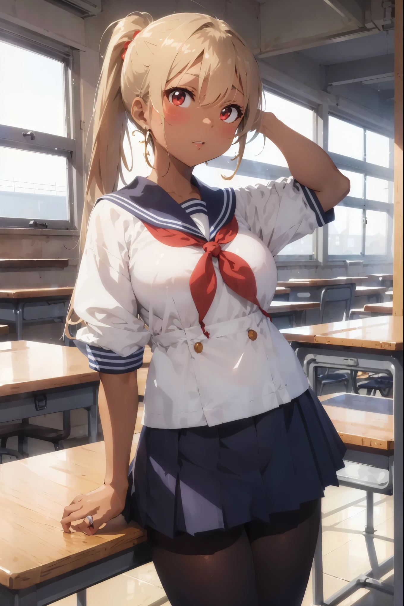 (masterpiece:1.2、best quality、Tmasterpiece)、1 female、Solitary、classroom、sky、Standing、Blonde、Ponytail、Red Eyes、(Sailor Suit:1.4)、(dark skin:1.4)、Large Breasts、Pantyhose、Put your hands behind your head、Hoop Earrings、lipstick、mini skirt、I'I出了很多汗、Ring necklace、hair tie、blush、covering the chest、Bangs braids、(thick lips:1.2)(((Large Breasts)))