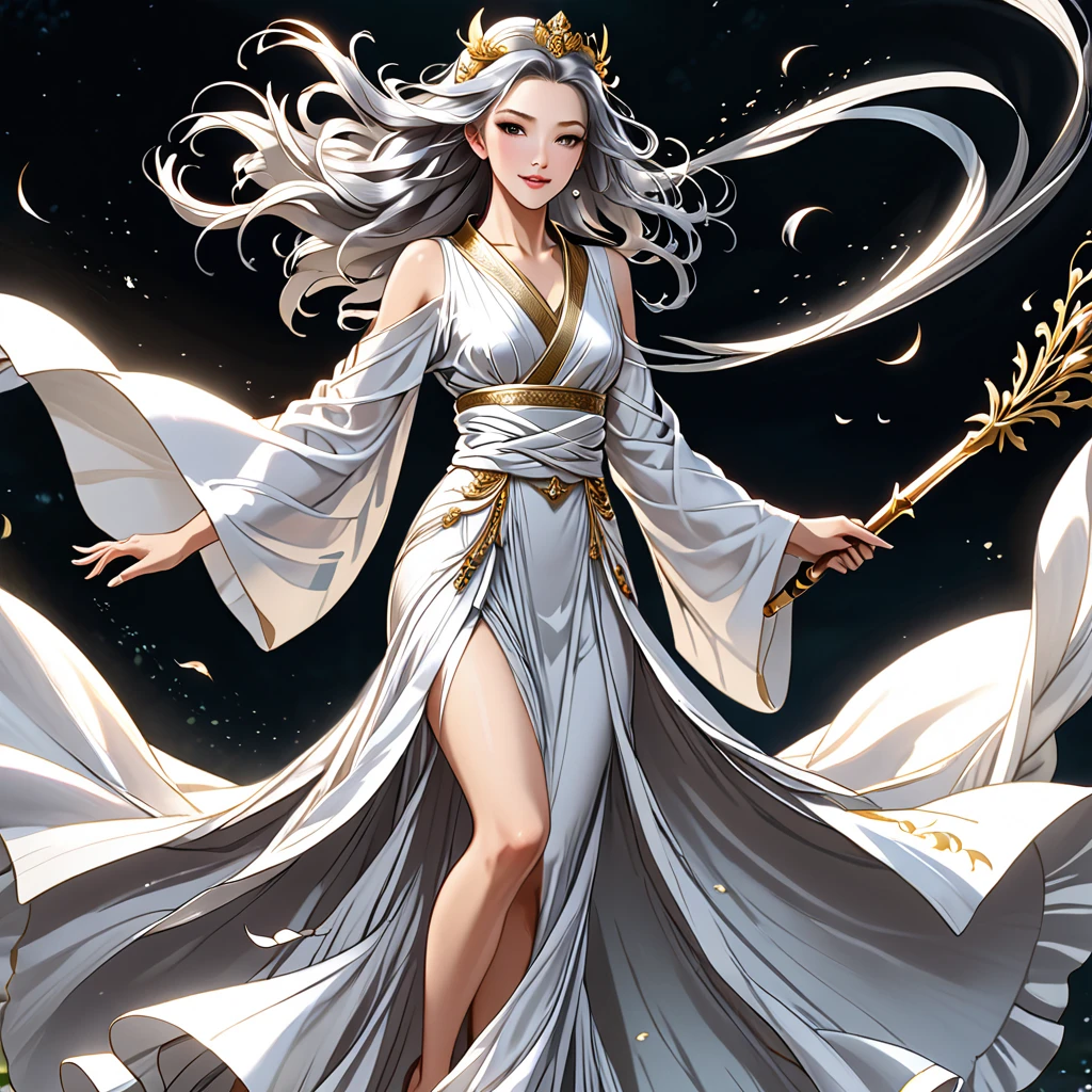 A beautiful female emperor, crystal clear skin, beautiful appearance, deep wisdom in her eyes, as if she has seen through everything in the world, dressed in a gorgeous white robe, holding a long sword, dancing robes in the breeze and silver hair fluttering in the wind, the white robe perfectly outlines the graceful figure, the demeanor is gentle and idyllic, like a flawless fairy