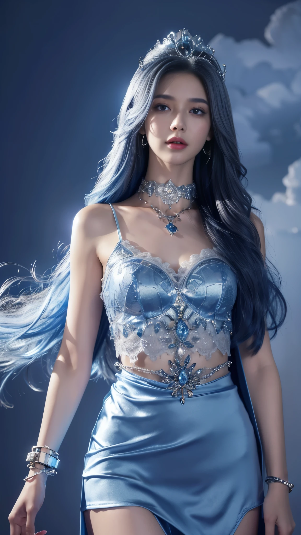 photorealistic, 1girl, ((slim body)), long hair, gradient hair, solo, detailed eyes, jewelry, bracelet, choker, small breasts, looking at viewer, realistic, necklace, (((blue princess))), long skirt, thigh highs, blue cape, sardine, lace, evening, sunlight, clouds, in the dungeon, realistic night light,, detailed, upper body,