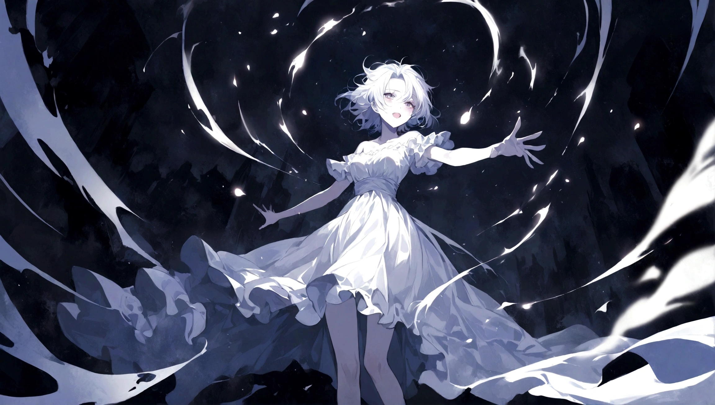 1girl, heart stopped beating, falling, ghostly aura, pale skin, flowing dress, dark surroundings, ethereal glow, hand reaching out, sorrowful expression, nighttime, floating