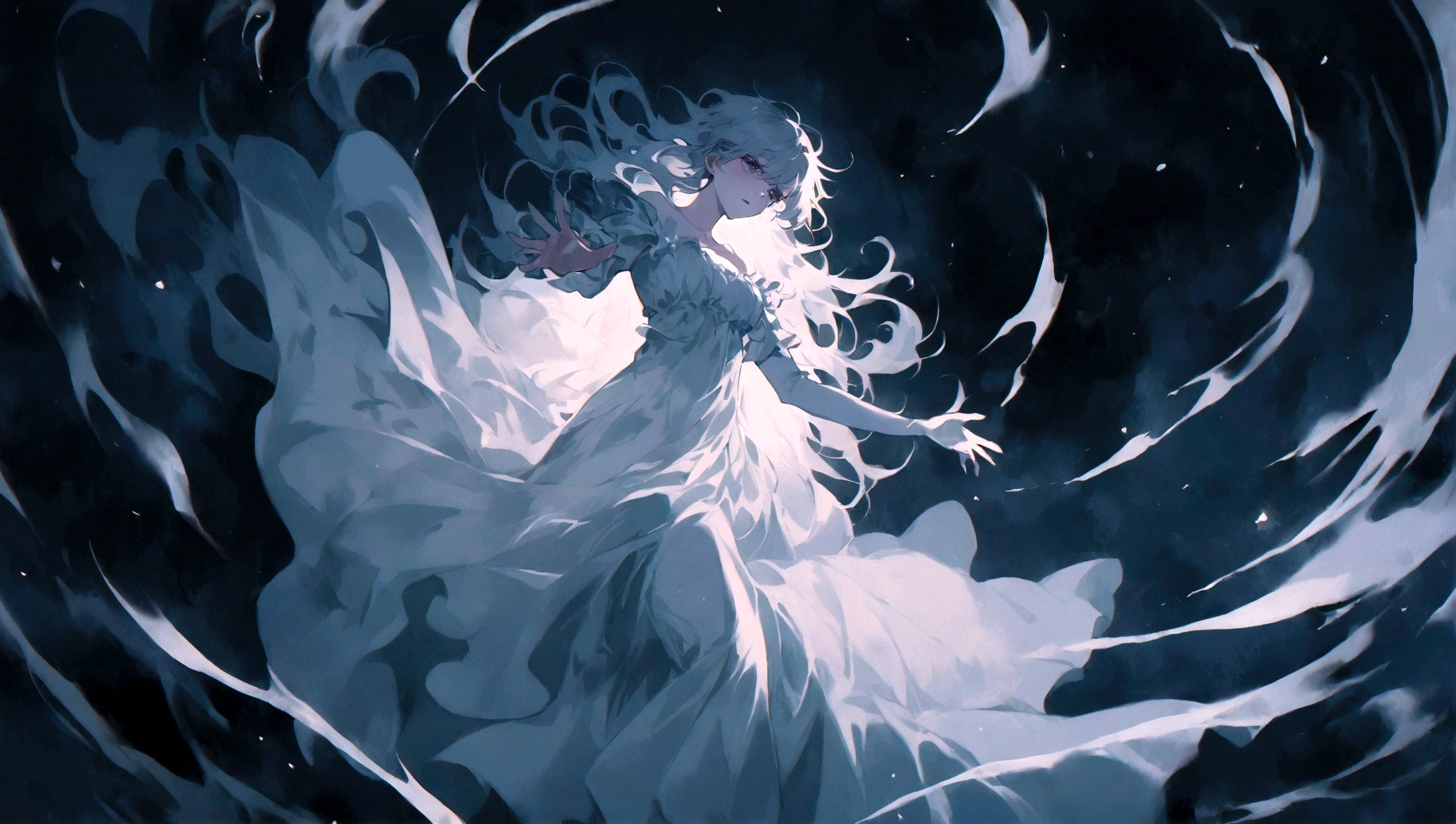 1girl, heart stopped beating, falling, ghostly aura, pale skin, flowing dress, dark surroundings, ethereal glow, hand reaching out, sorrowful expression, nighttime, floating