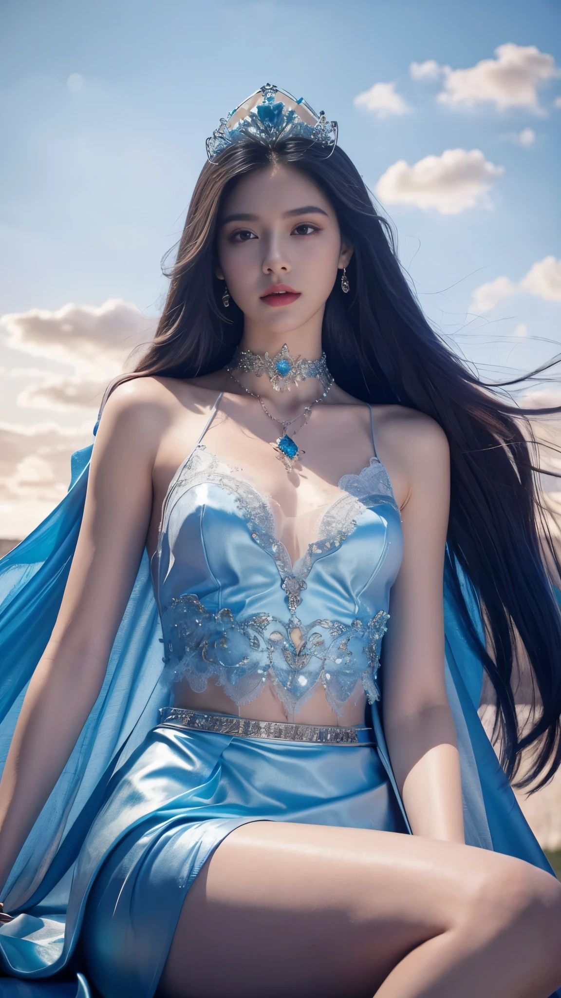 photorealistic, 1girl, ((slim body)), long hair, gradient hair, solo, detailed eyes, jewelry, bracelet, choker, small breasts, looking at viewer, realistic, necklace, (((blue princess))), long skirt, thigh highs, blue cape, sardine, lace, evening, sunlight, clouds, in the sky, clouds, realistic sun light,, detailed, upper body, sitting,