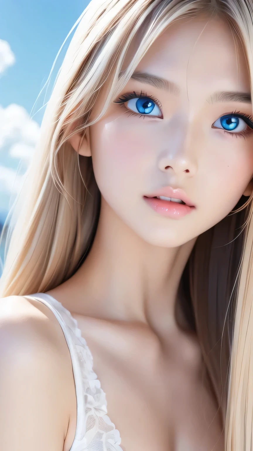 Perfect beautiful face、Beautiful cute girl 20 years old、Sexy and very beautiful cute face、Beautiful cute sexy sky blue eyes、Very super long beautiful shiny silky straight pearl blonde hair、Super long beautiful bangs、White skin、Glossy Skin、Gloss Face、Cheek gloss、Hair above the eyes、片Hair above the eyes、Hair between the eyes、