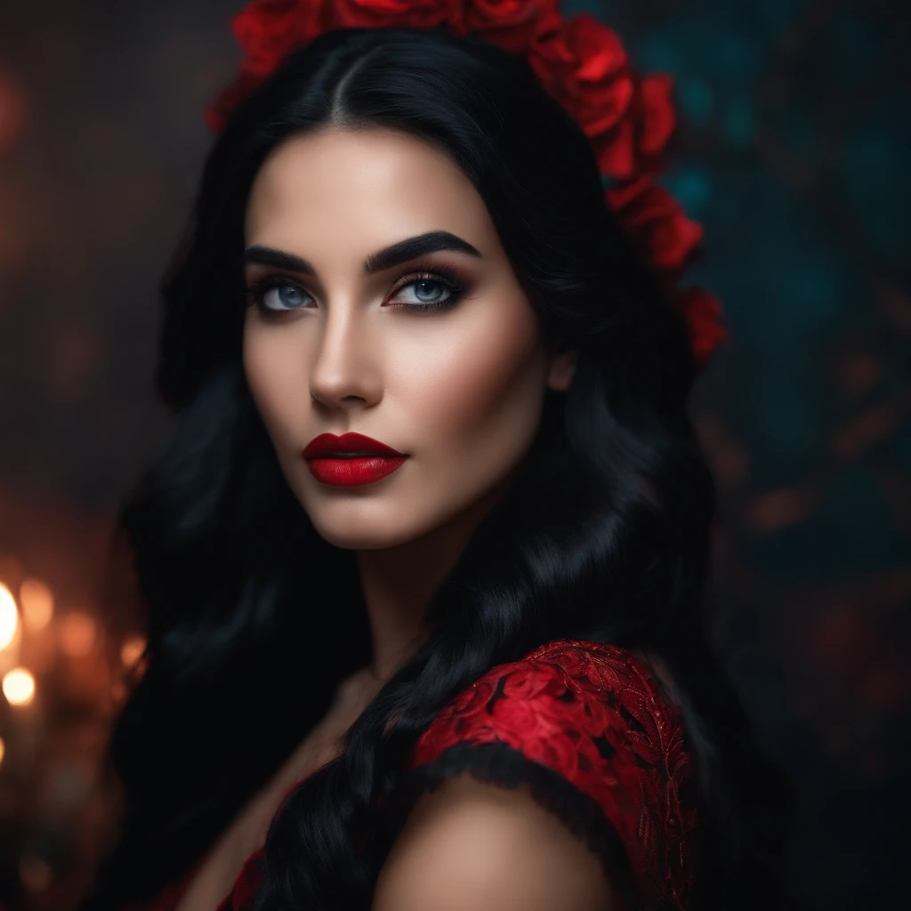 A beautiful girl with long black hair and black eyes, wearing a red and black dress at a party