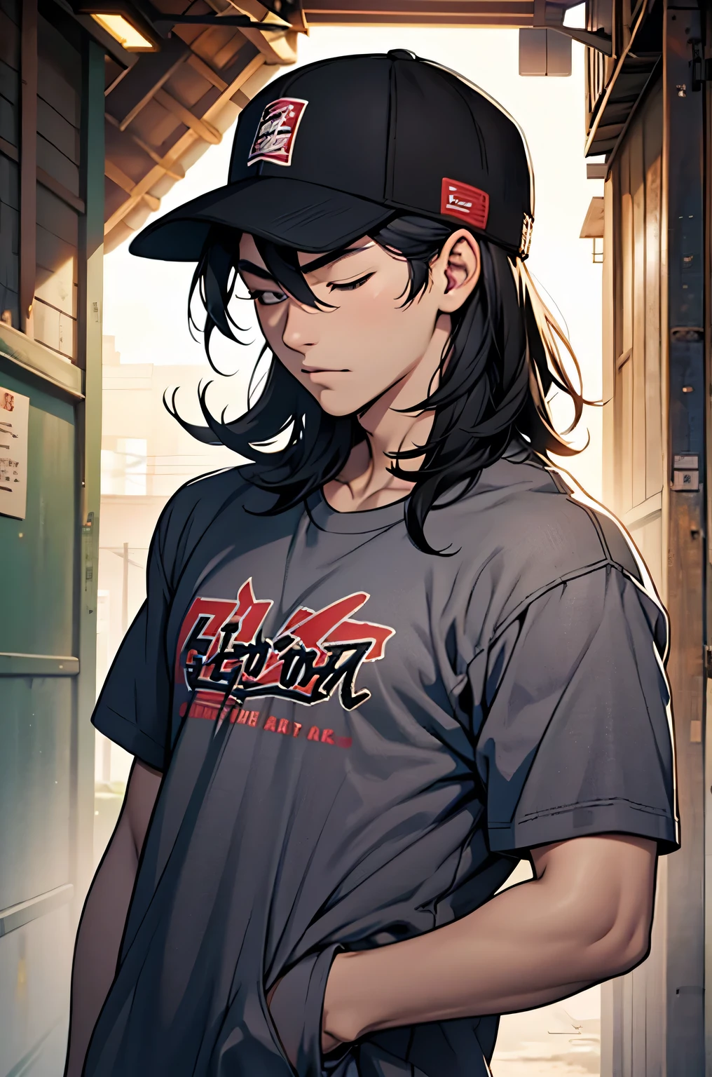 perfil, portrait, Facing the camera, highly detailed, asian man, song kang actor, wearing a black cap trucker, plaid shirt, anime style , one eye closed, serious, medium hair, boku no hero art style.