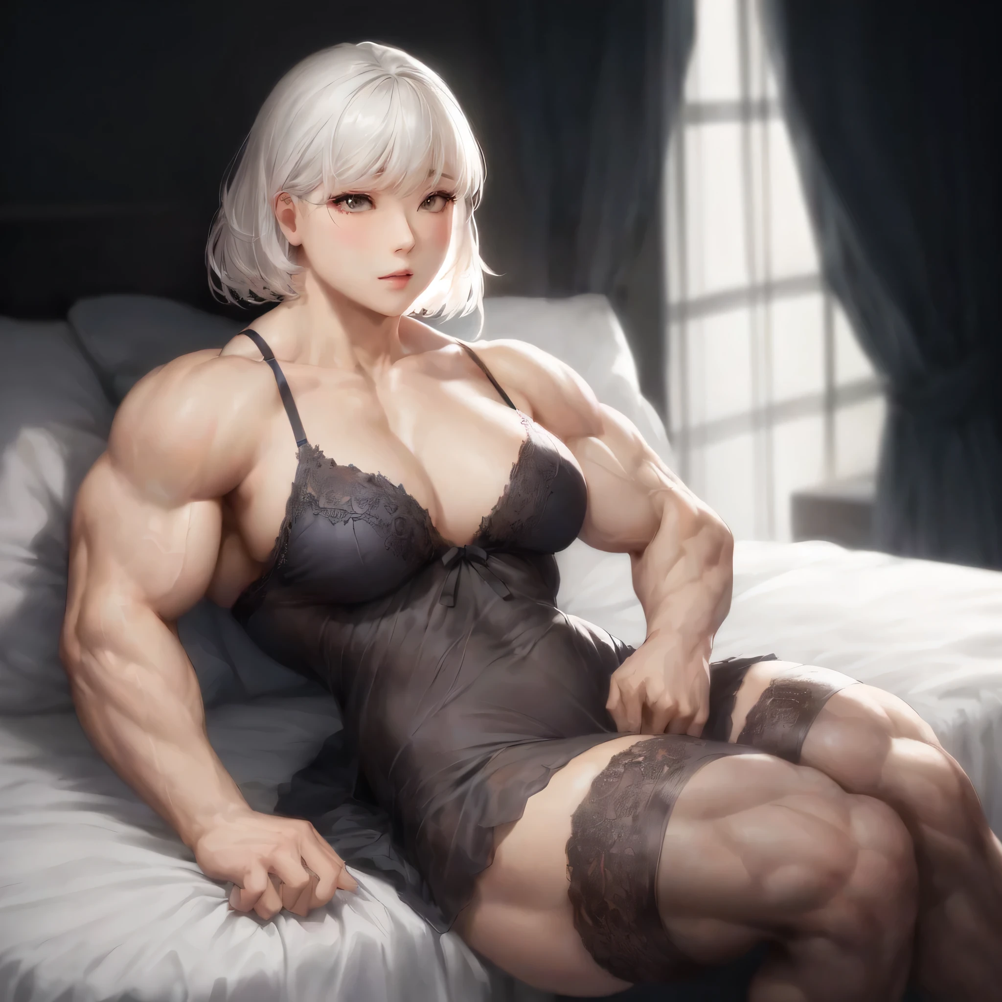 ,  ,girl, ,biceps,muscular female, alternate muscle size,, muscular ,muscular ,negligee,bed, Chinese hair style,  thick arm,,muscular thighs, lace trim legwear ,realistic light