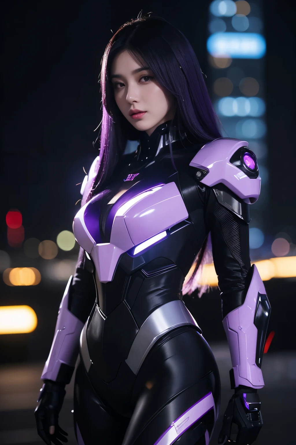 a beautiful woman with long black and purple hair, wearing a futuristic mecha suit, in a night scene with bokeh lighting effects, highly detailed, photorealistic, 8k, cinematic lighting, dramatic colors, intricate machinery, detailed textures