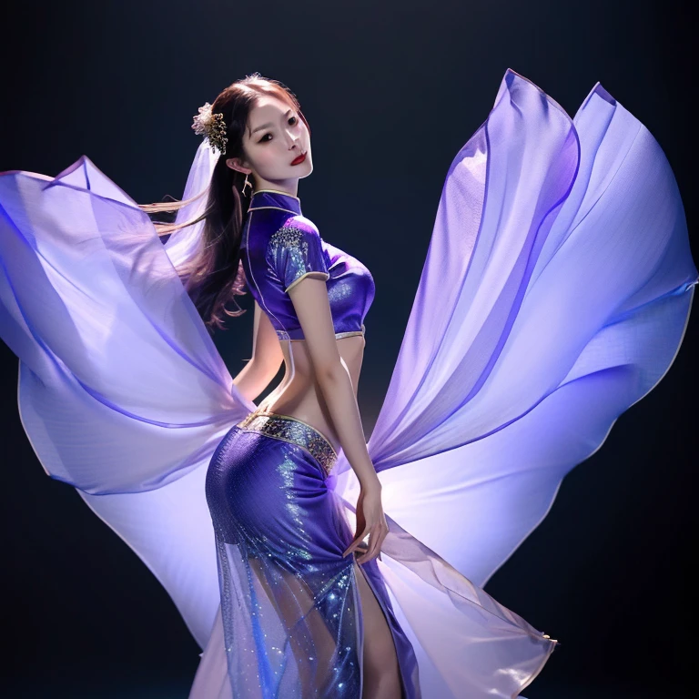 araffe woman in a purple skirt and a white top, purple, Wearing a flowing long skirt, woman, gracefully Belly Dance pose, purple top, Long skirt women, satin, Wearing Chinese clothing, High quality theatrical costumes, cheongsam, purple outfit, Southeast Asia long, cheongsam, purple body, Belly Dance, Ao Dai