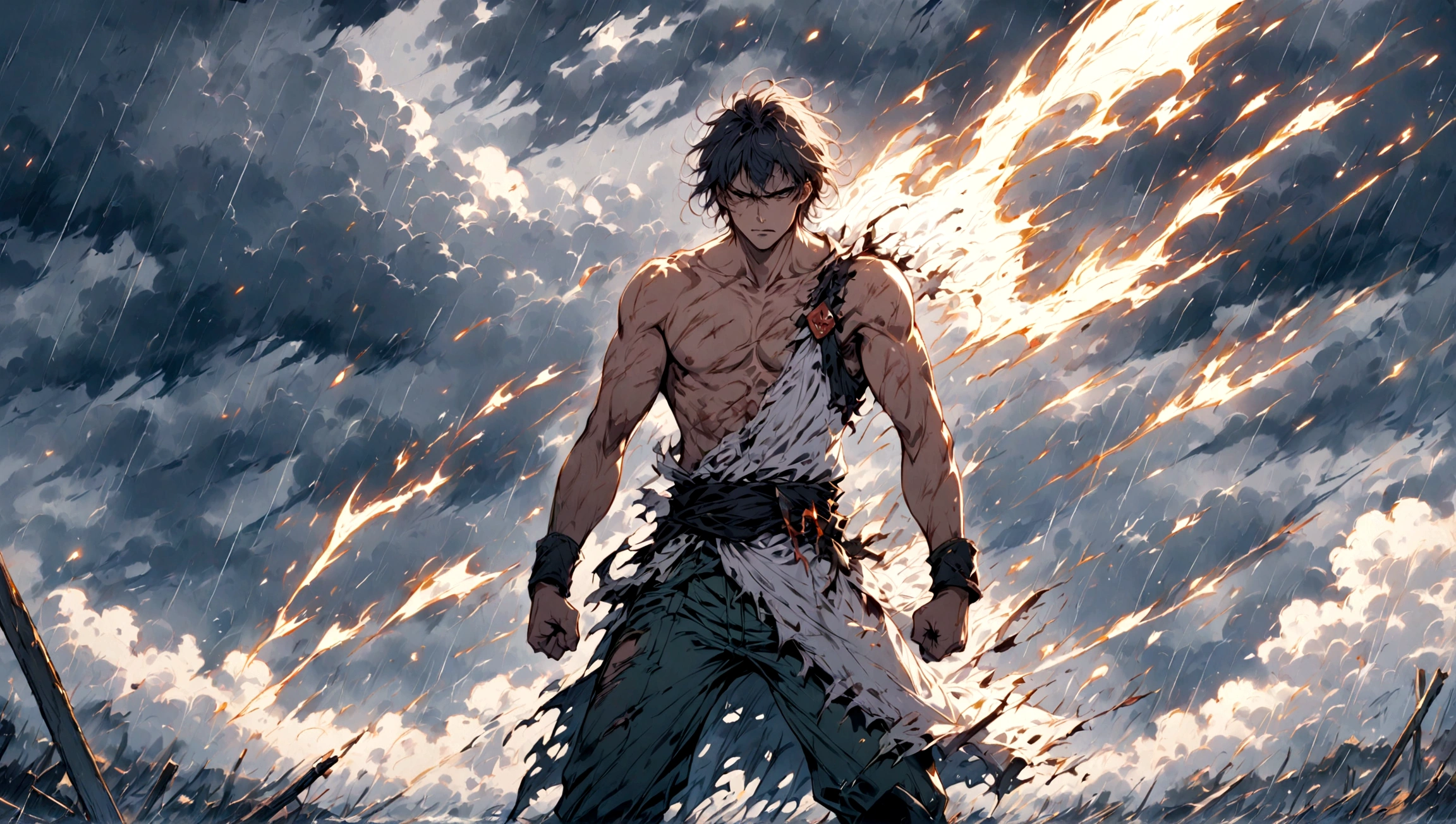1boy, battle cry, damaged and worn, standing alone, bruised and battered, fierce determination, stormy sky, rain, clenched fists, torn clothing, scars, dramatic lighting, perseverance
